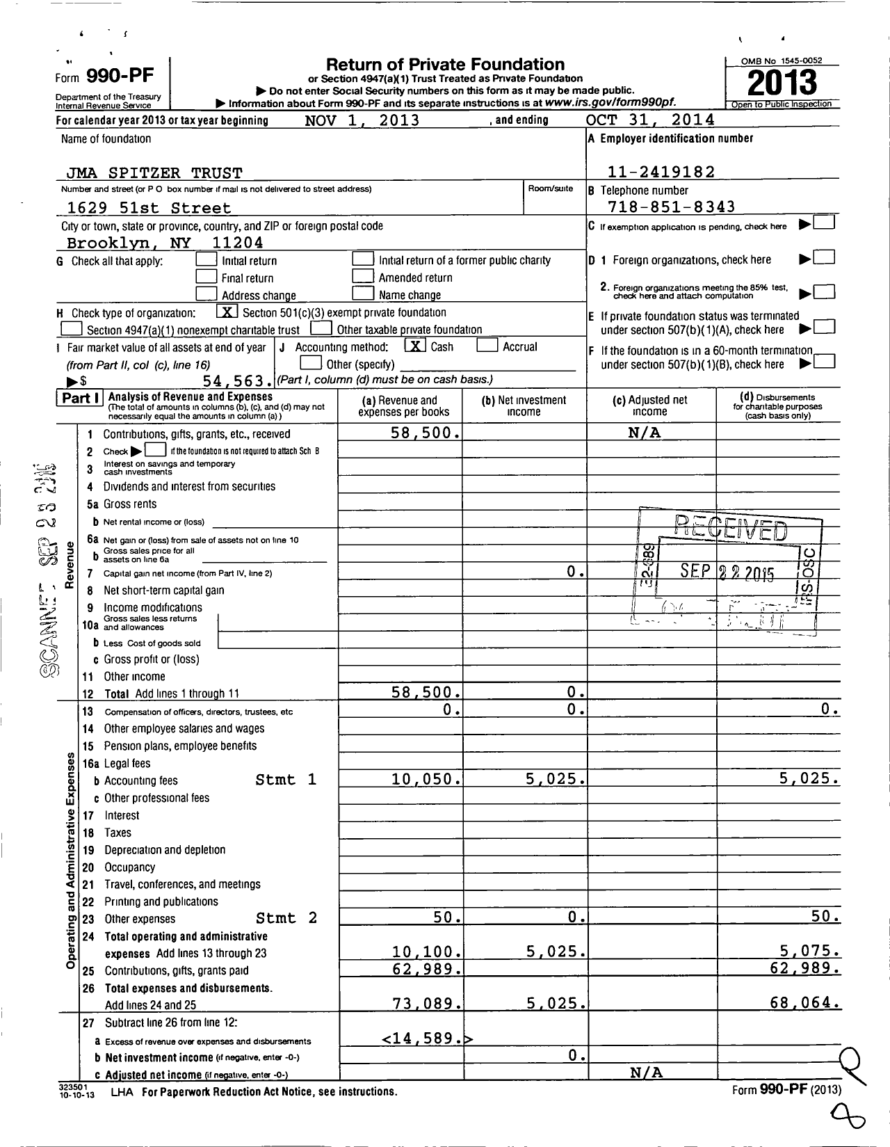 Image of first page of 2013 Form 990PF for Jma Spitzer Trust