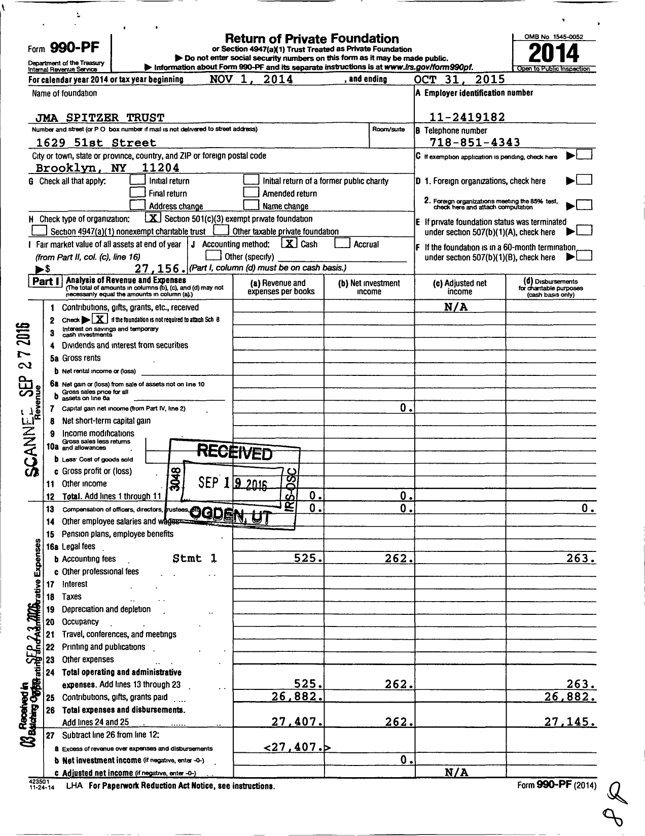 Image of first page of 2014 Form 990PF for Jma Spitzer Trust