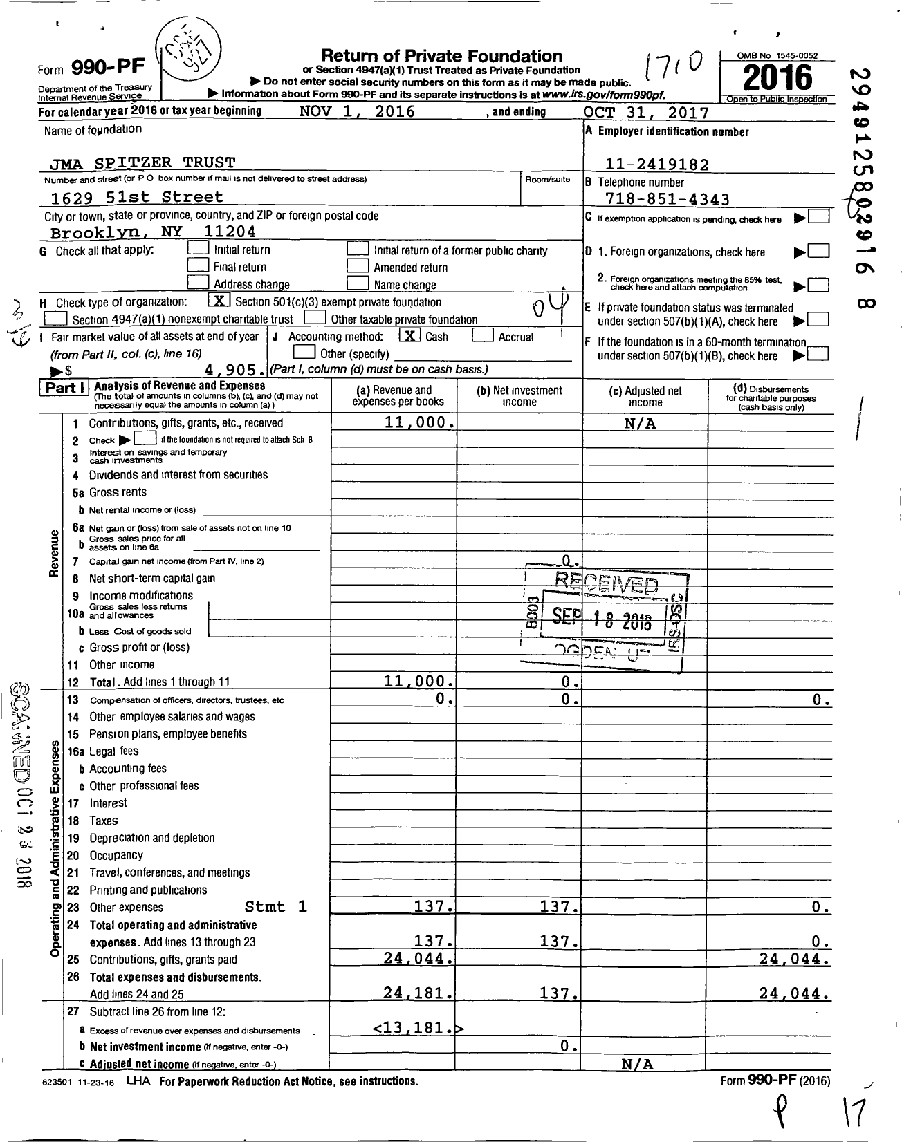 Image of first page of 2016 Form 990PF for Jma Spitzer Trust