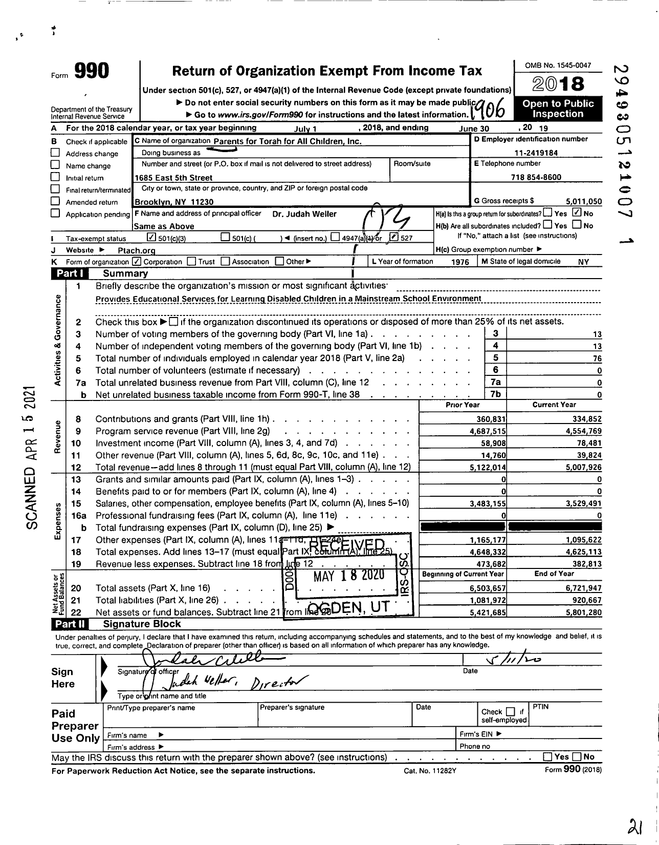 Image of first page of 2018 Form 990 for Parents for Torah for All Children (PTACH)