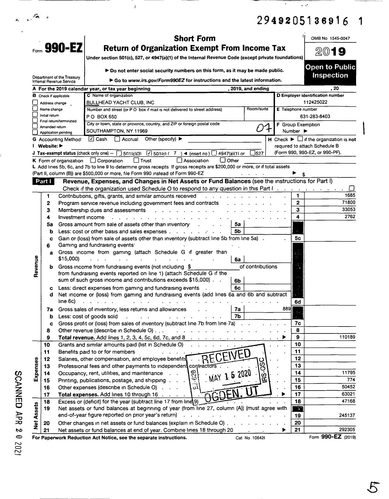 Image of first page of 2019 Form 990EO for Bullhead Yacht Club