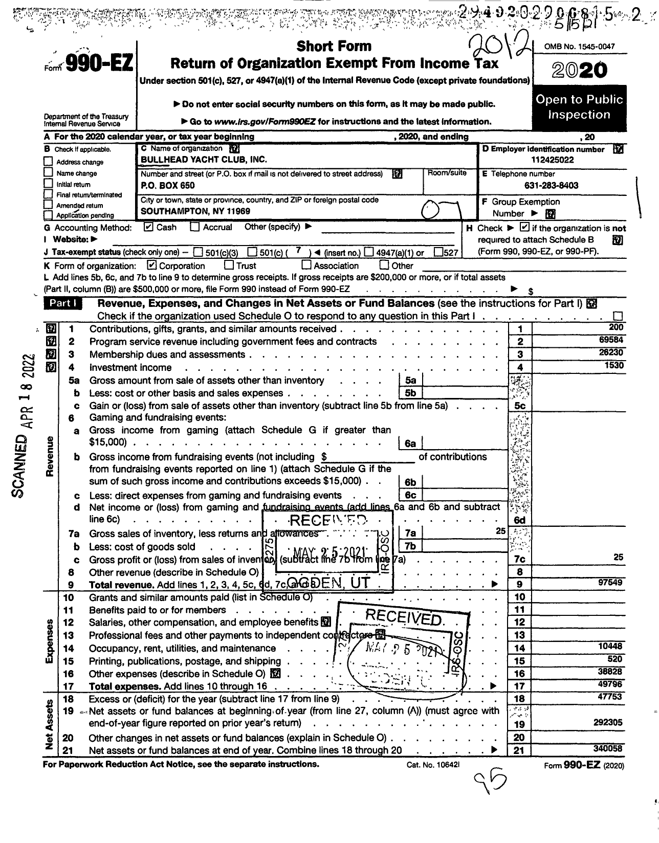 Image of first page of 2020 Form 990EO for Bullhead Yacht Club