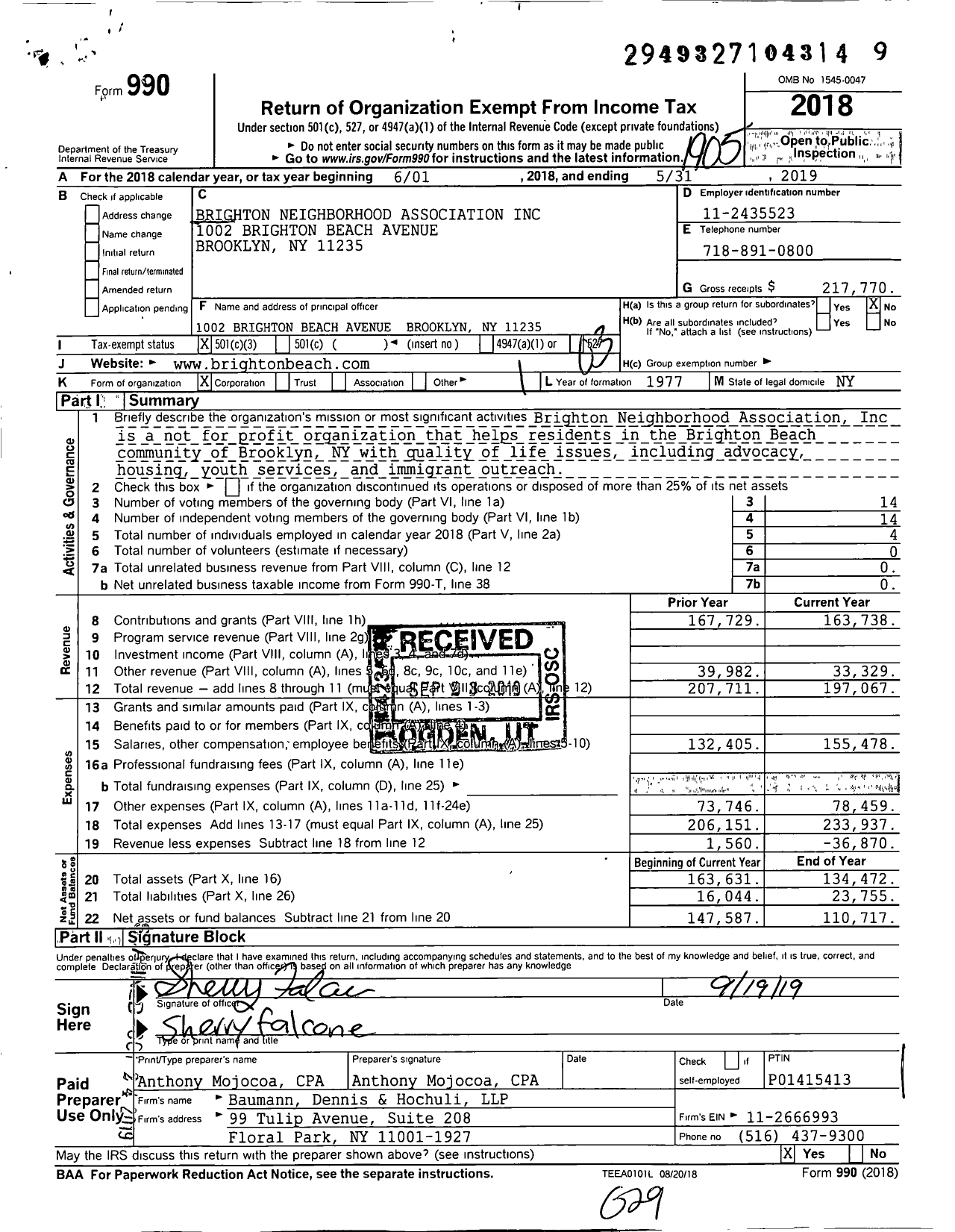 Image of first page of 2018 Form 990 for Brighton Neighborhood Association