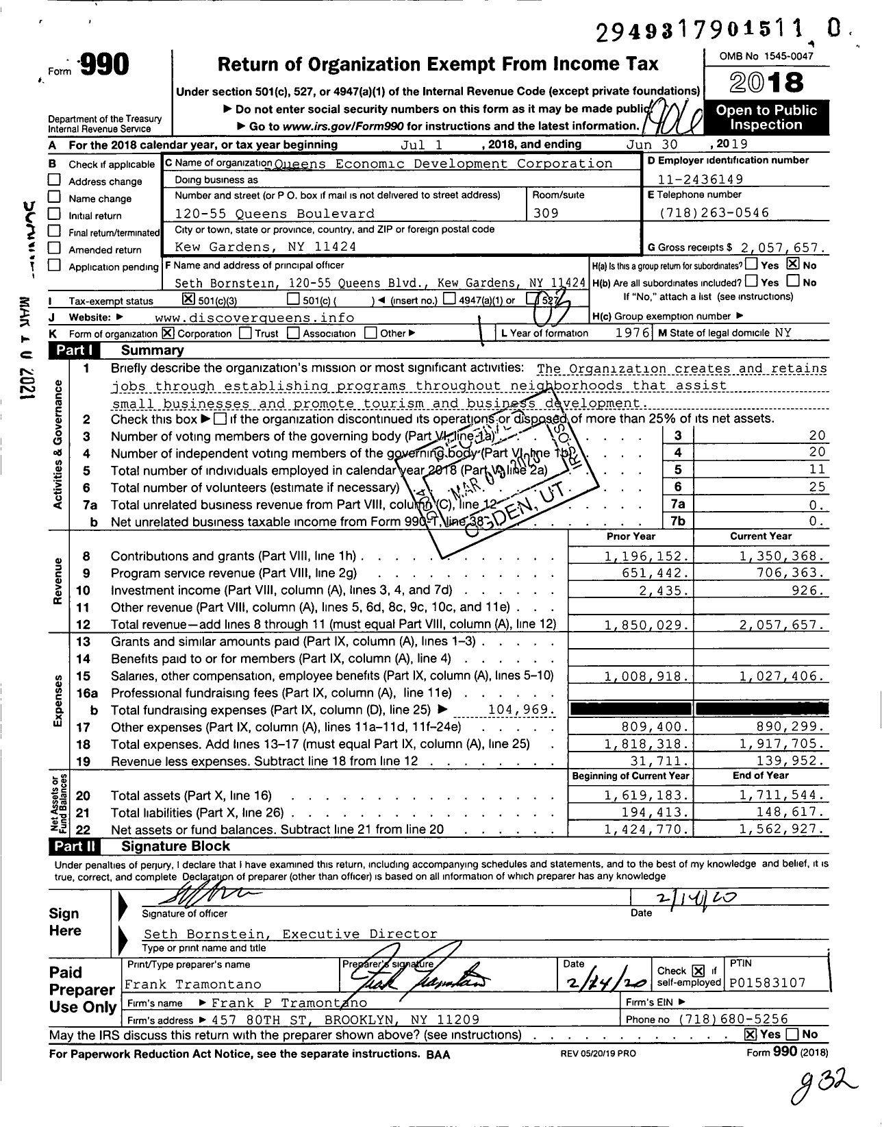 Image of first page of 2018 Form 990 for Queens Economic Development Corporation