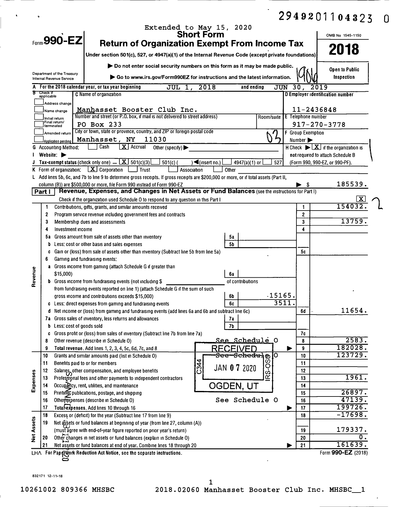 Image of first page of 2018 Form 990EZ for Manhasset Booster Club