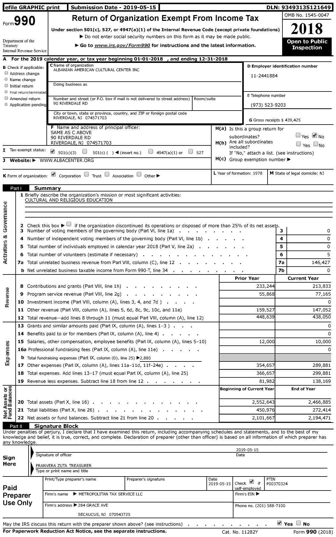 Image of first page of 2018 Form 990 for Albanian American Cultural Center