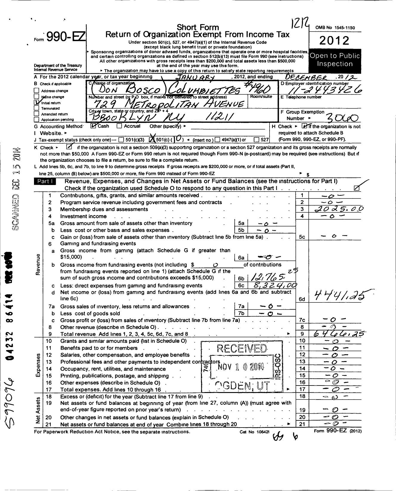 Image of first page of 2012 Form 990EO for Columbiettes - 4960 Don Bosco Columbiettes