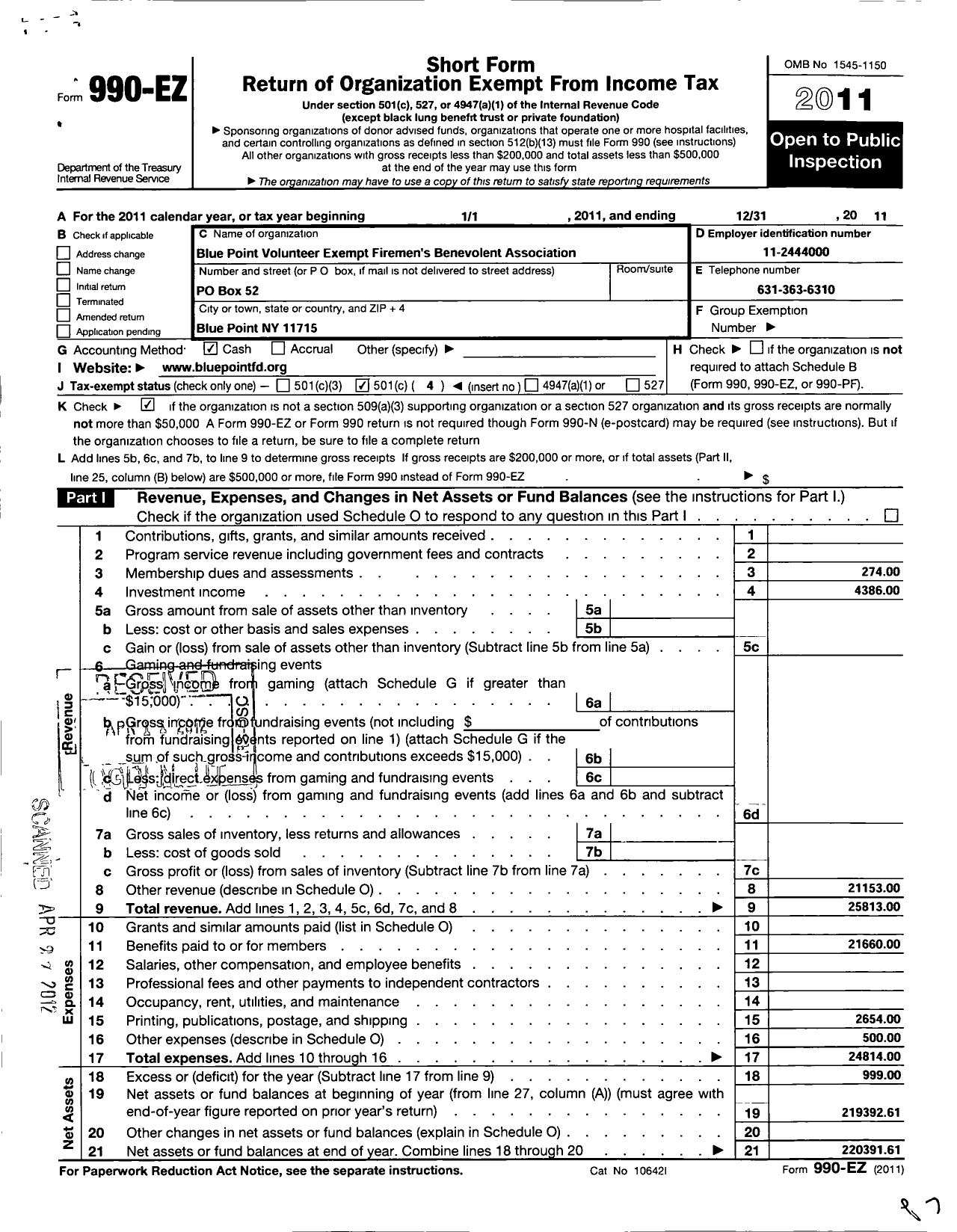 Image of first page of 2011 Form 990EO for Blue Point Volunteer Exempt Firemens Benevolent Association