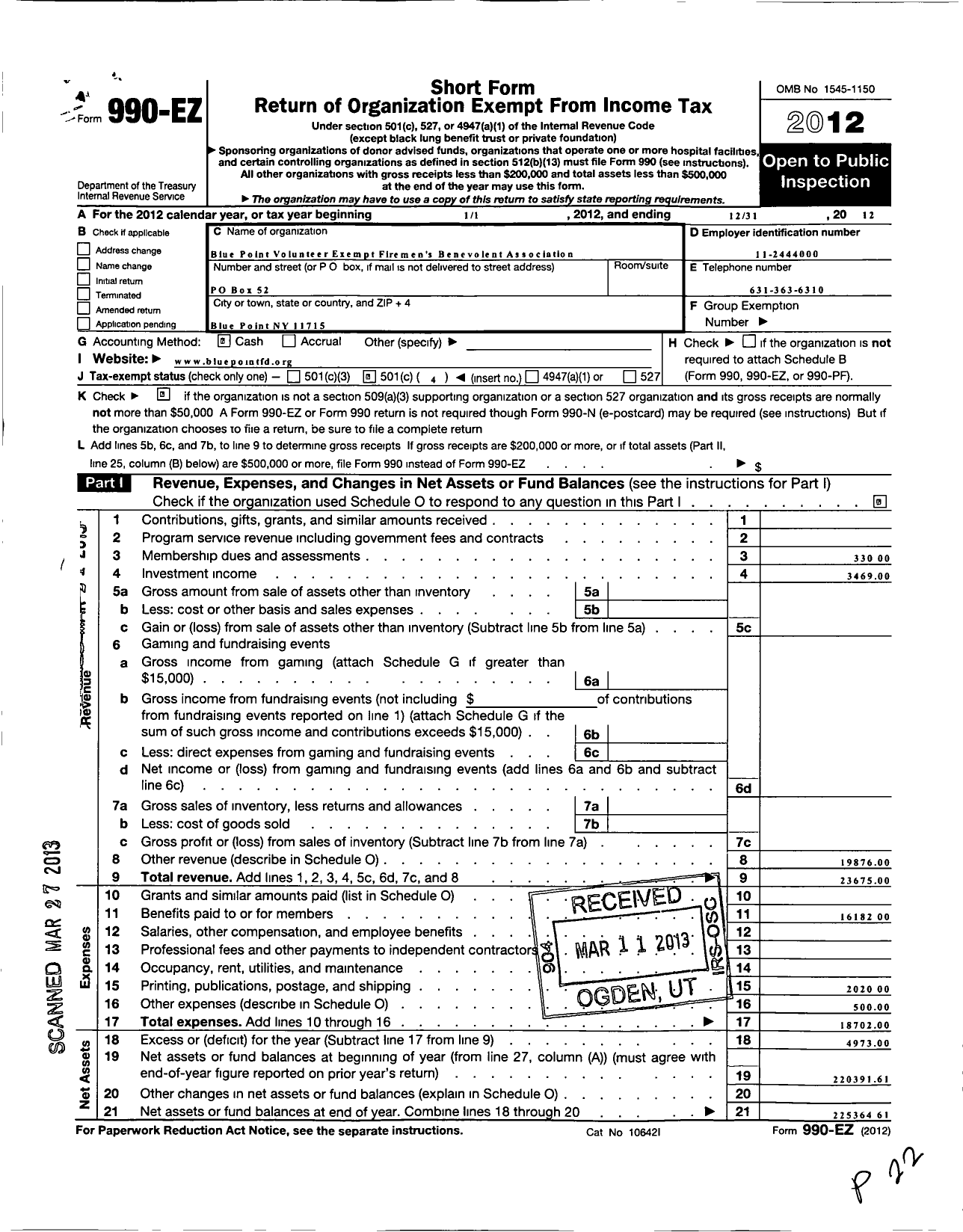 Image of first page of 2012 Form 990EO for Blue Point Volunteer Exempt Firemens Benevolent Association