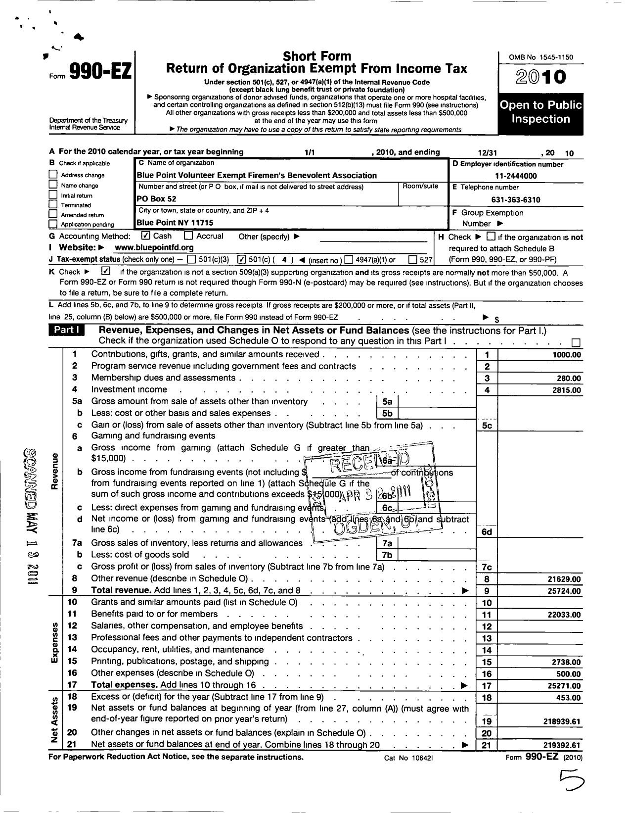 Image of first page of 2010 Form 990EO for Blue Point Volunteer Exempt Firemens Benevolent Association