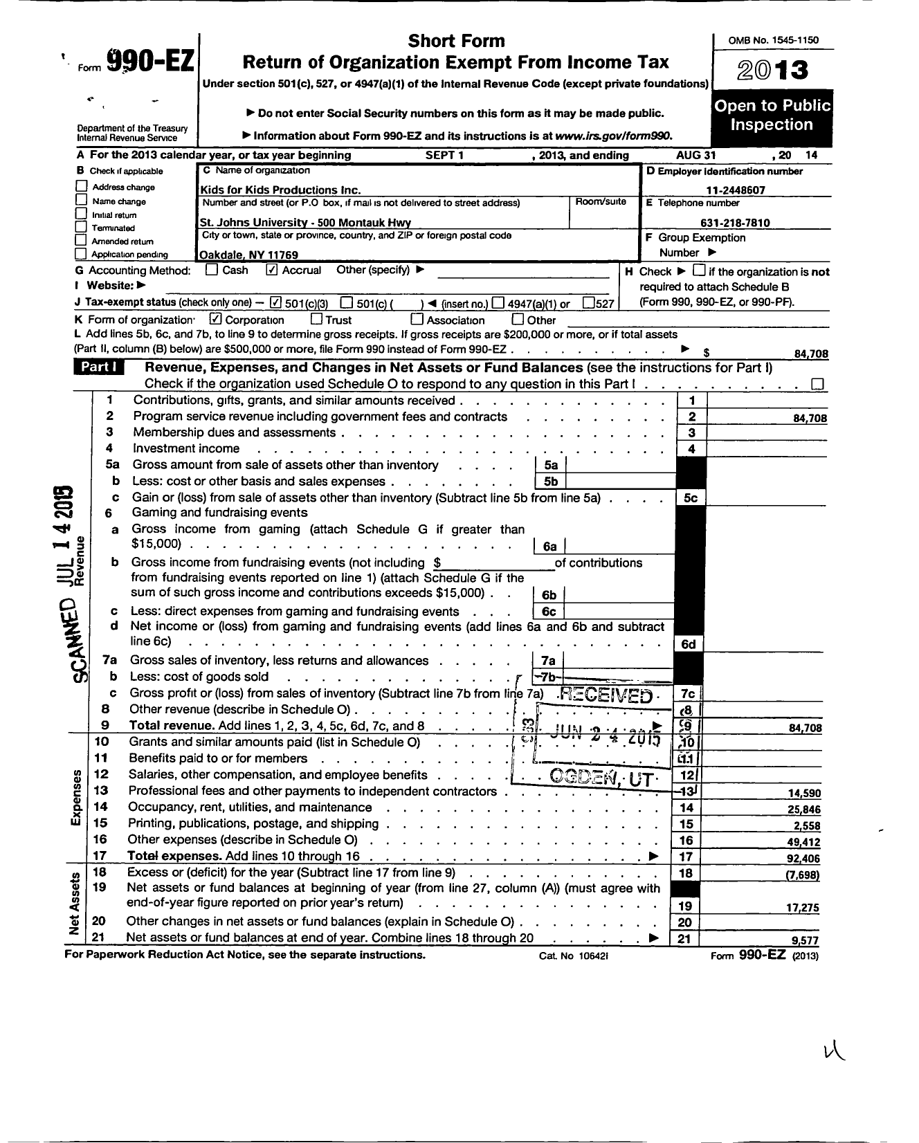 Image of first page of 2013 Form 990EZ for Kids for Kids Productions