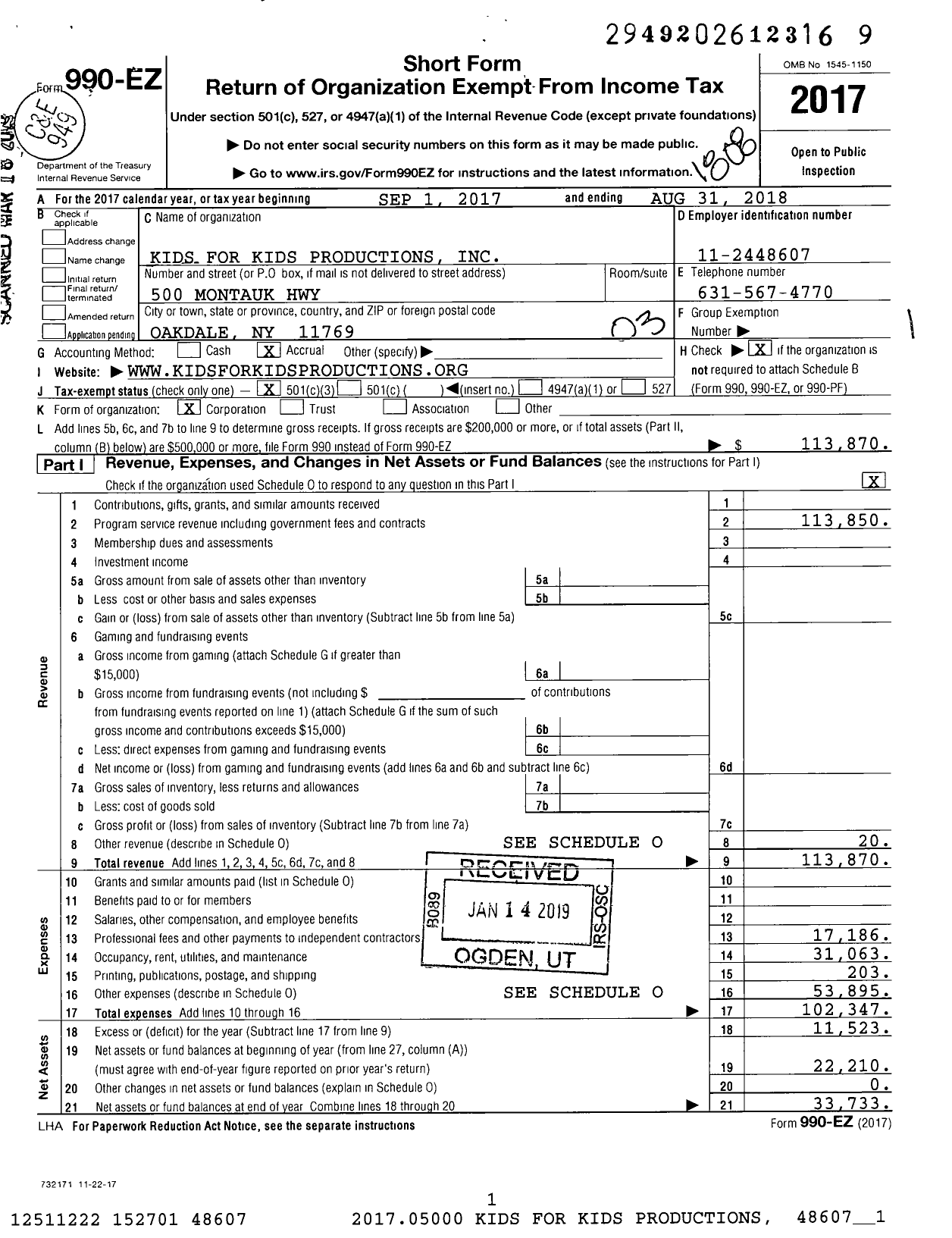 Image of first page of 2017 Form 990EZ for Kids for Kids Productions