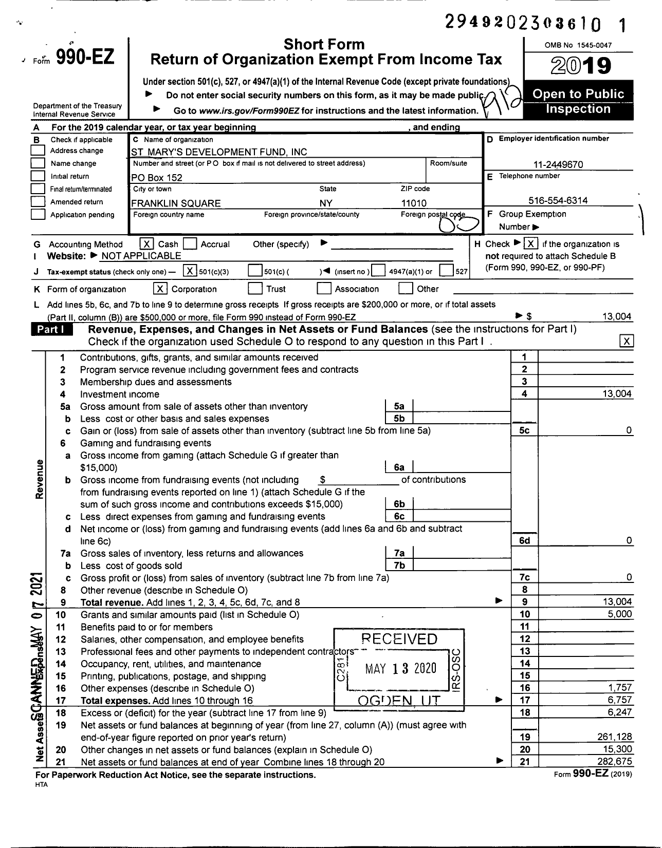 Image of first page of 2019 Form 990EZ for St Mary's Development Fund