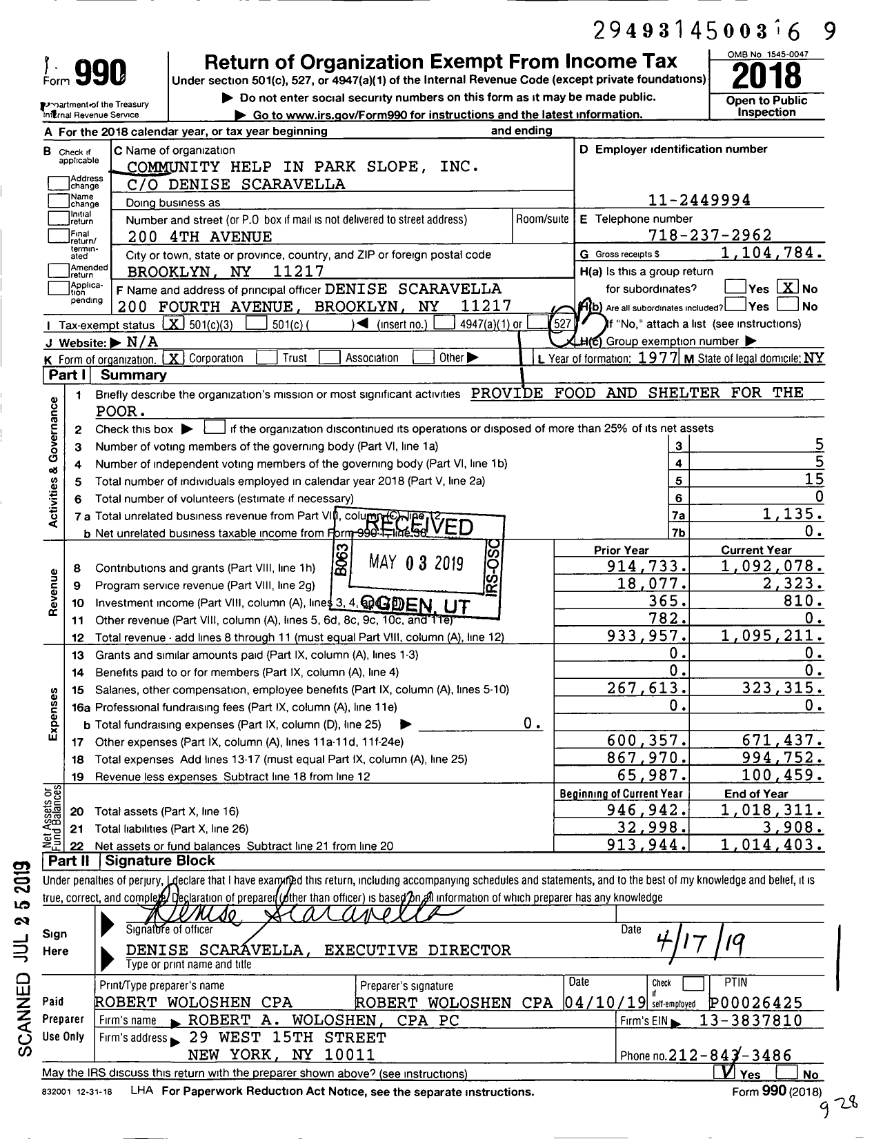 Image of first page of 2018 Form 990 for Community Help in Park Slope (CHIPS)