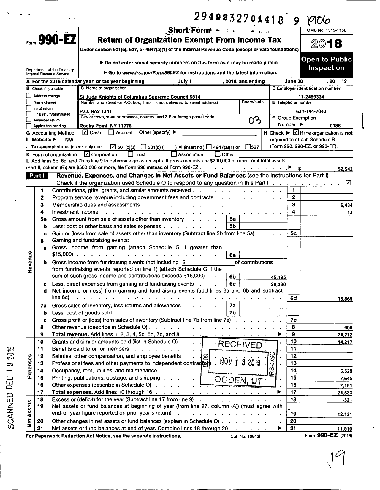 Image of first page of 2018 Form 990EZ for Knights of Columbus - 5814 St Jude Council