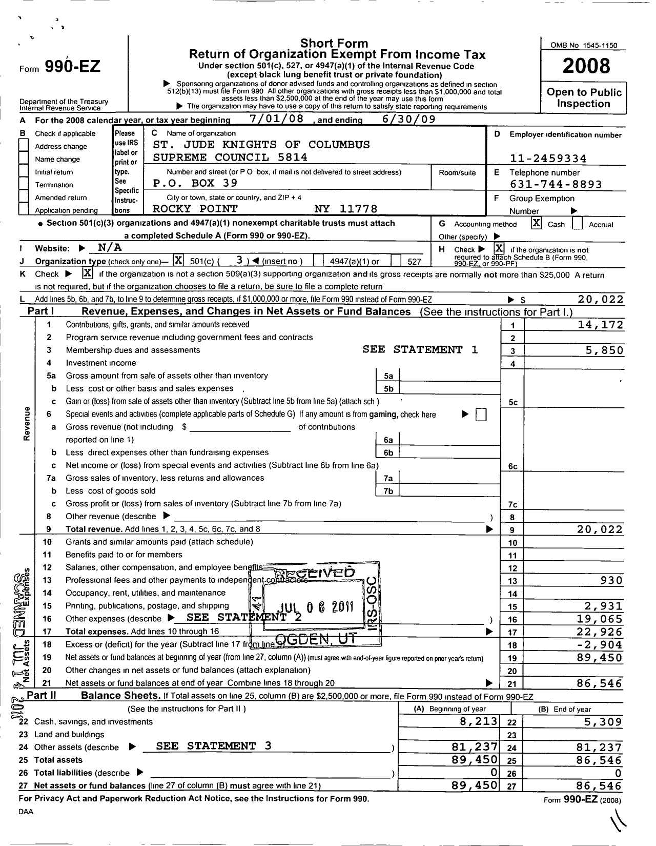 Image of first page of 2008 Form 990EZ for Knights of Columbus - 5814 St Jude Council