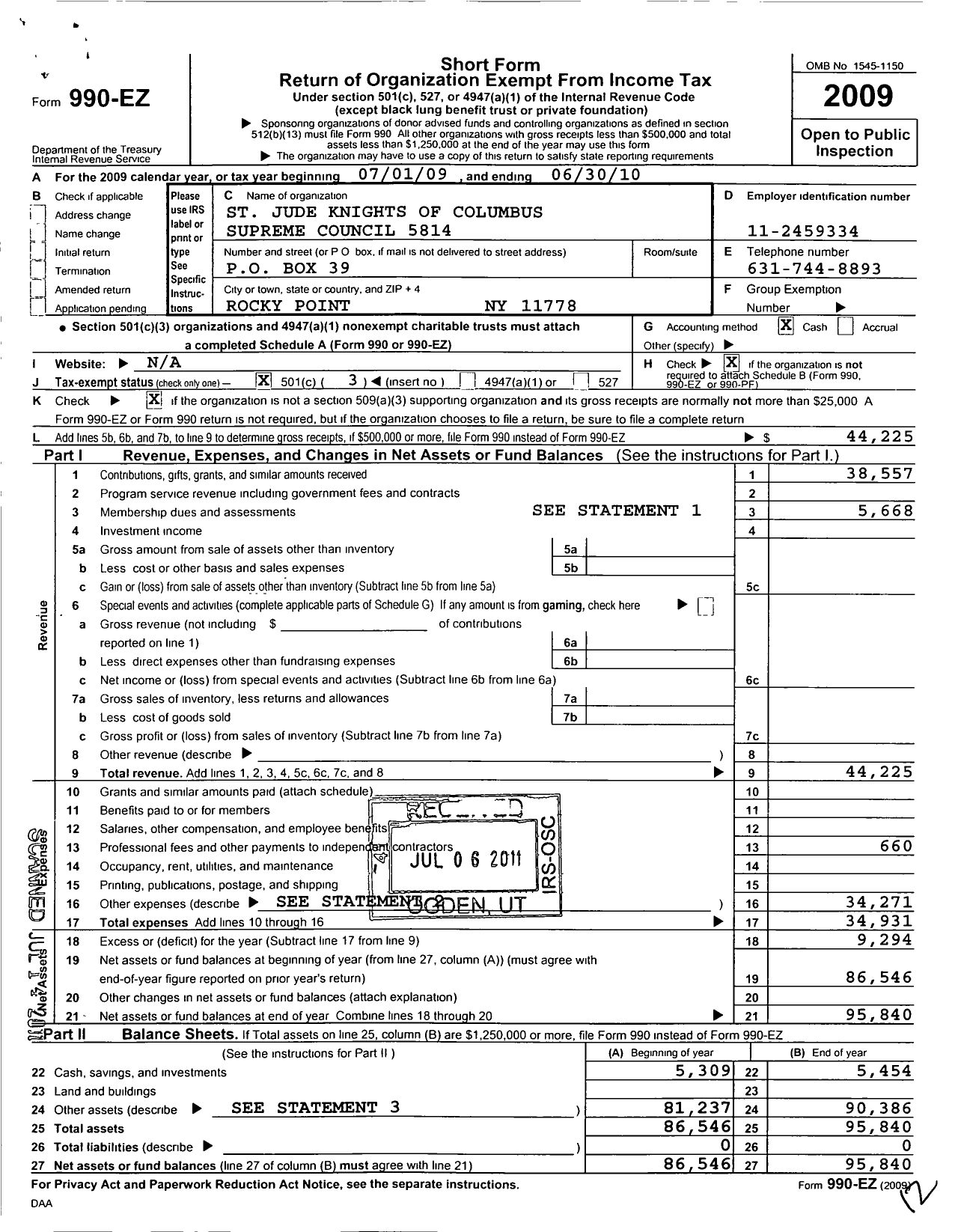 Image of first page of 2009 Form 990EZ for Knights of Columbus - 5814 St Jude Council