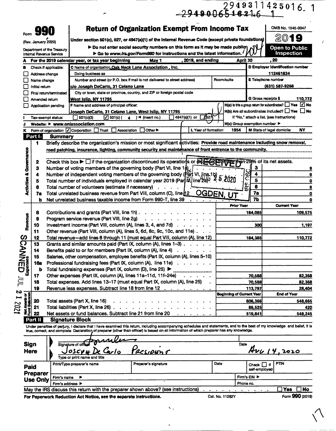 Image of first page of 2019 Form 990O for Oak Neck Lane Association