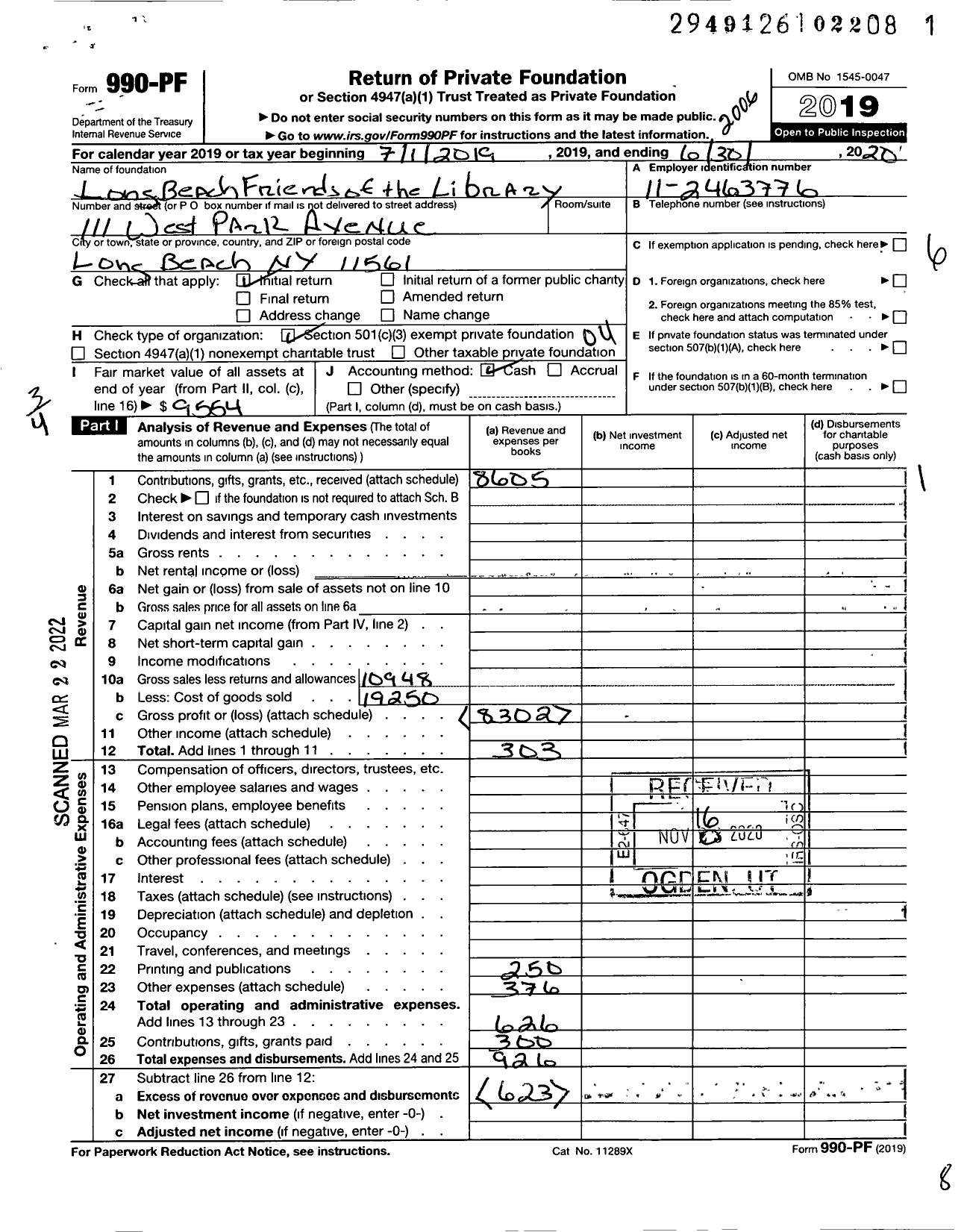 Image of first page of 2019 Form 990PF for Long Beach Friends of the Library Incorporated