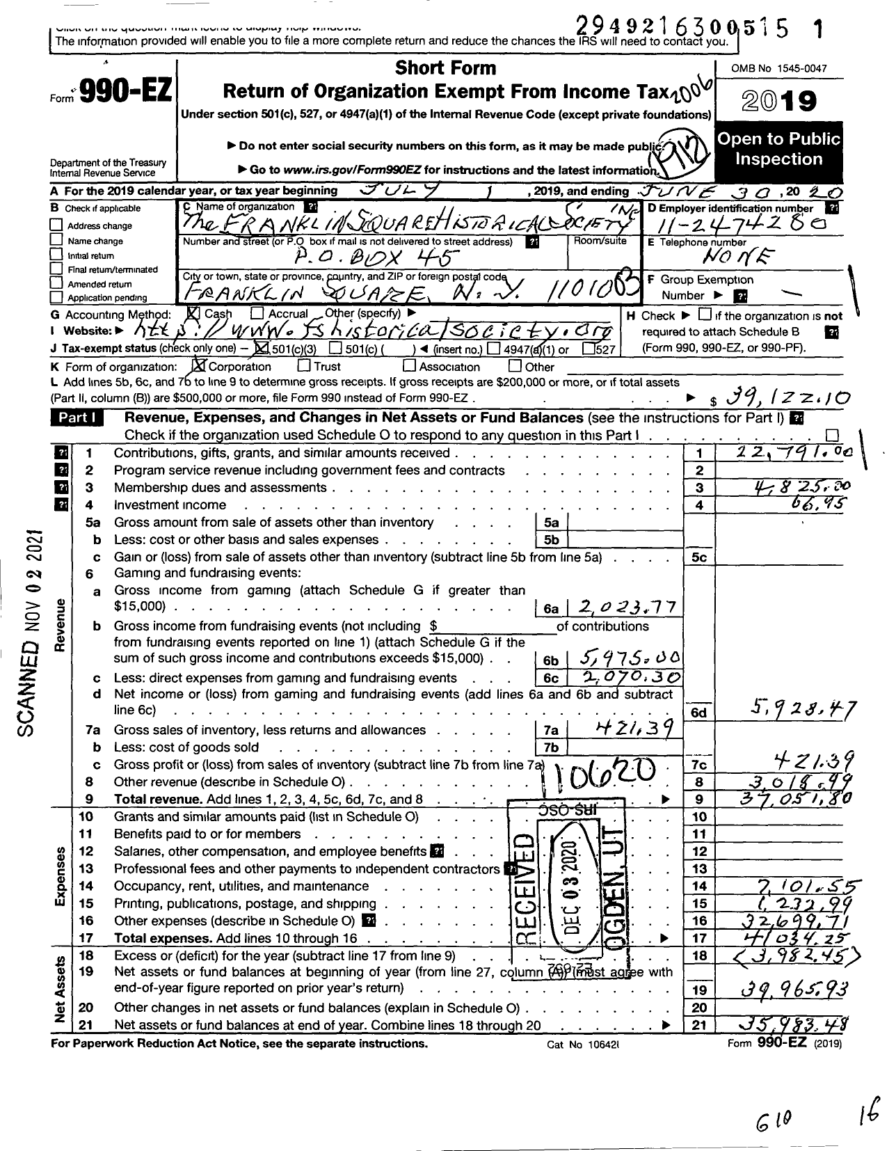 Image of first page of 2019 Form 990EZ for The Franklin Square Historical Society