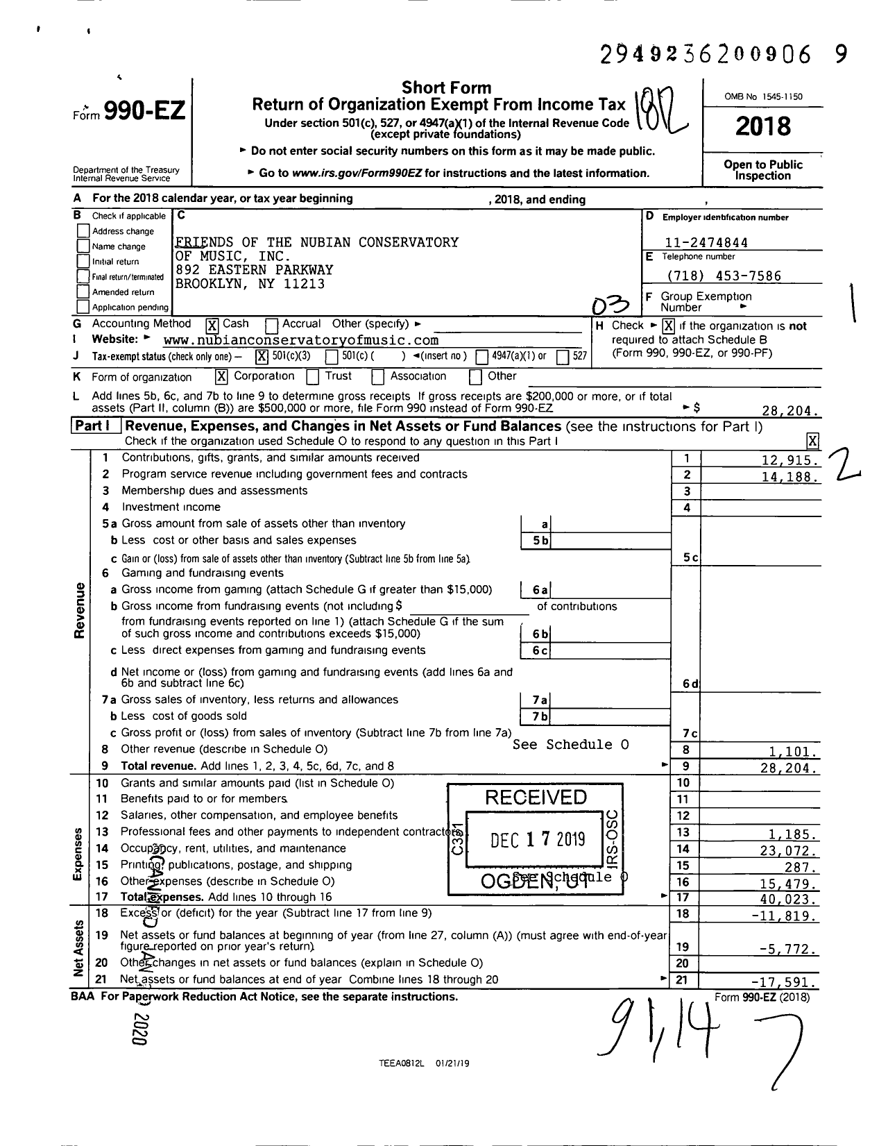 Image of first page of 2018 Form 990EZ for Friends of the Nubian Conservatory of Music