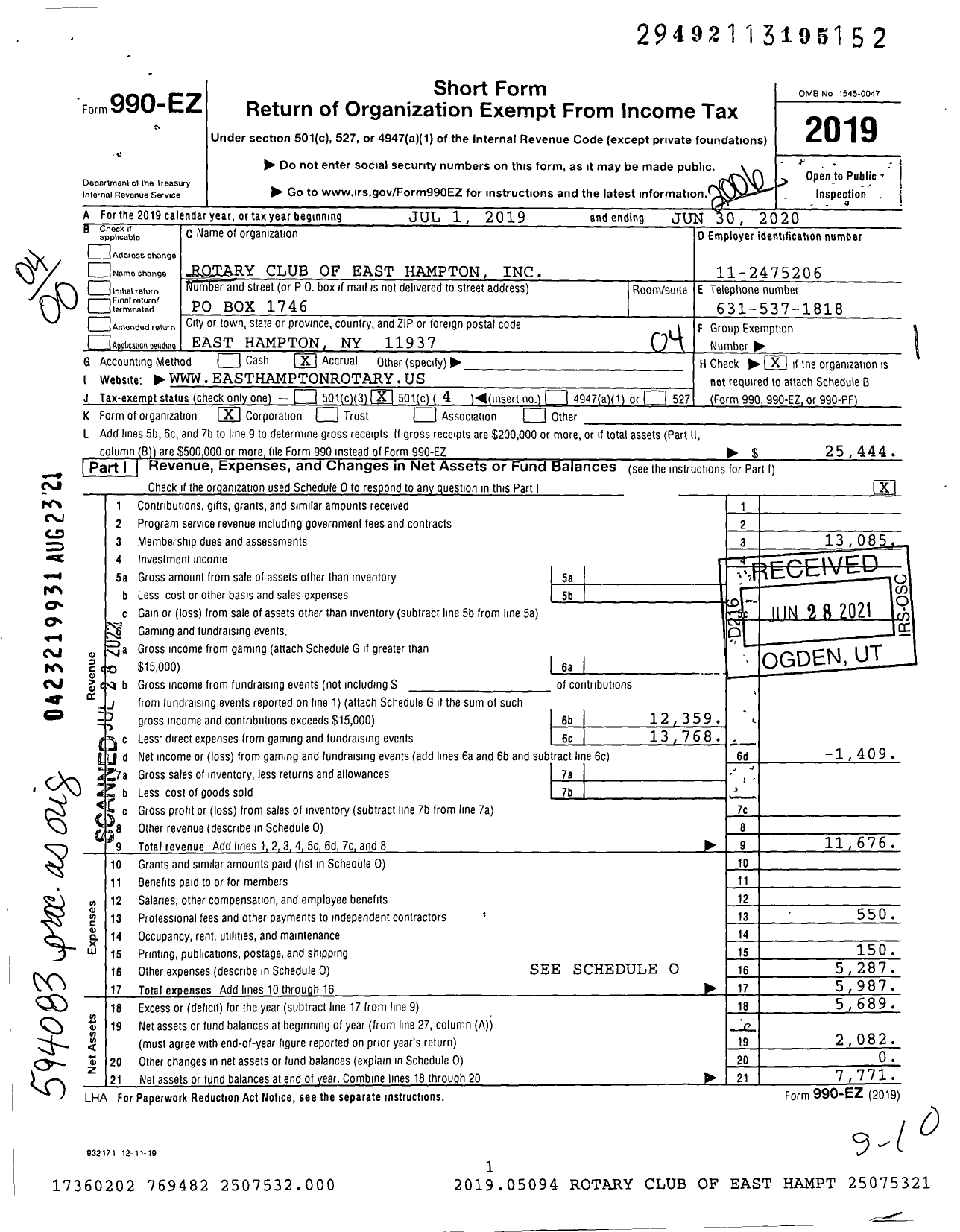 Image of first page of 2019 Form 990EO for Rotary International - East Hampton Ny Rotary Club