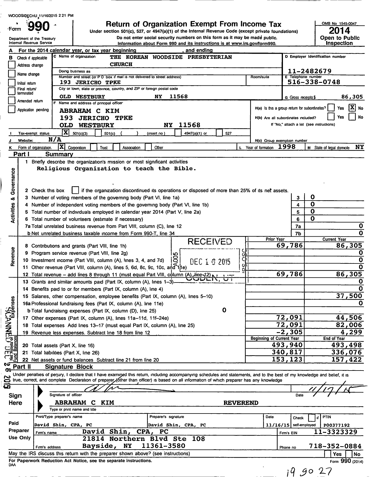 Image of first page of 2014 Form 990 for Korean Woodside Presby Church Ny