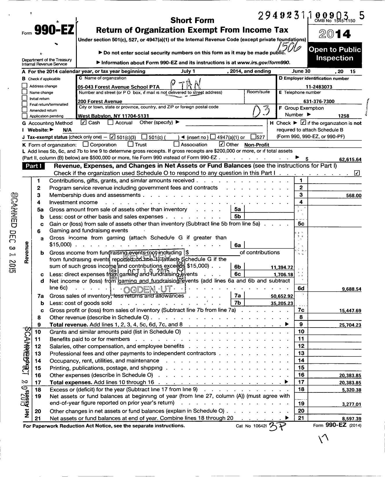 Image of first page of 2014 Form 990EZ for New York State PTA - 005-043 Forest Avenue School PTA