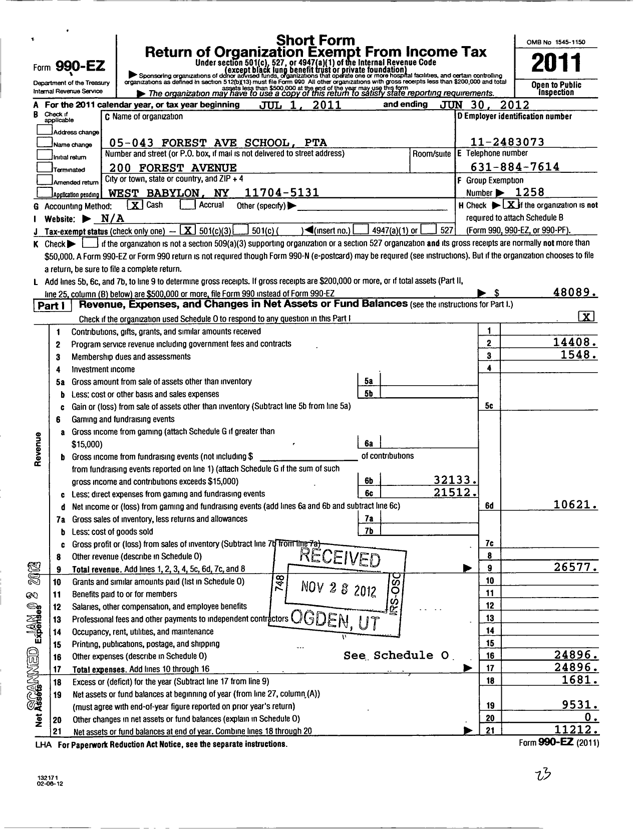 Image of first page of 2011 Form 990EZ for New York State PTA - 005-043 Forest Avenue School PTA