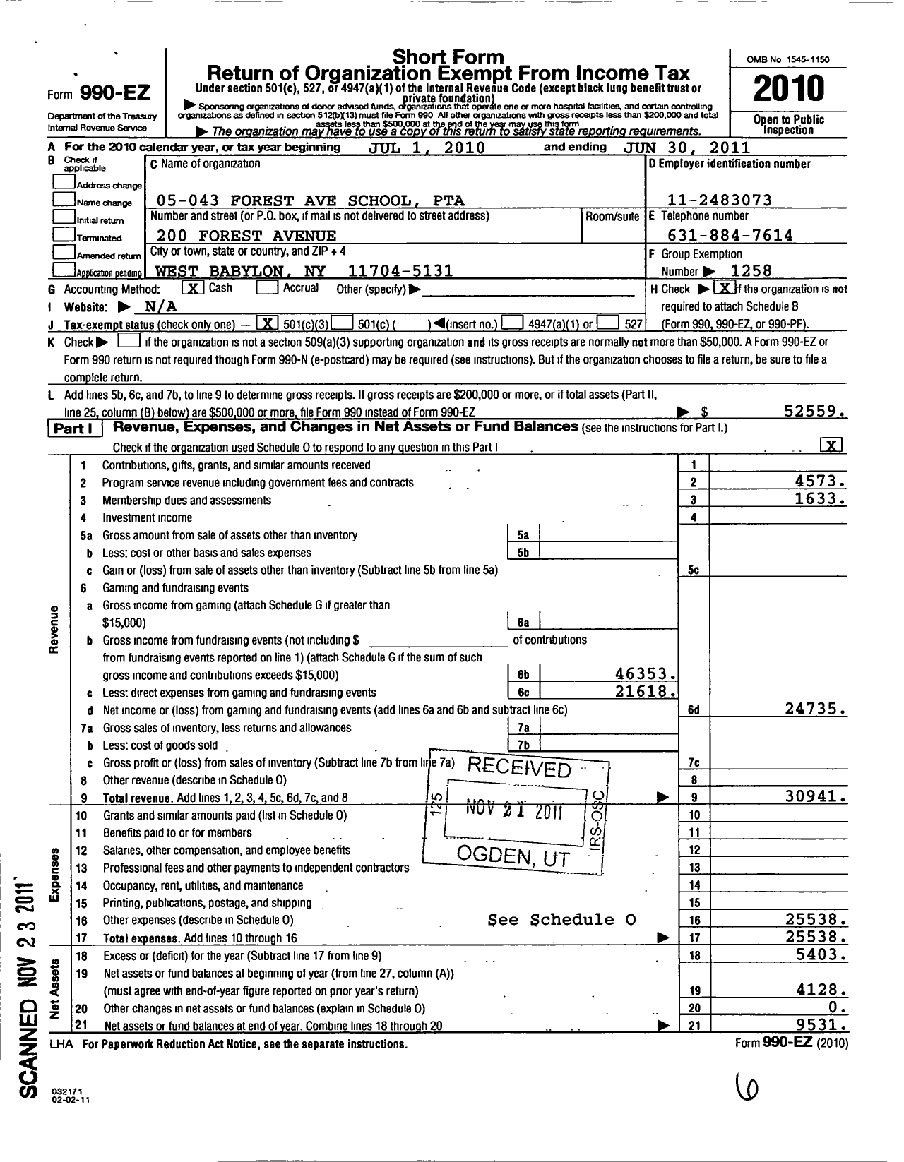 Image of first page of 2010 Form 990EZ for New York State PTA - 005-043 Forest Avenue School PTA