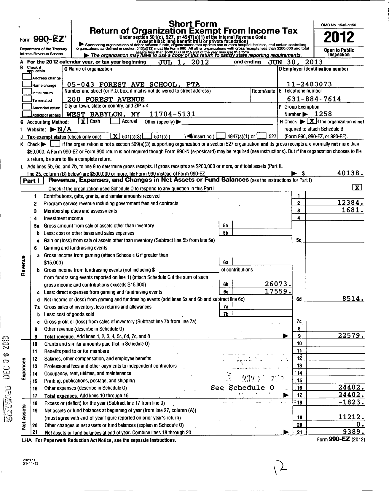 Image of first page of 2012 Form 990EZ for New York State PTA - 005-043 Forest Avenue School PTA