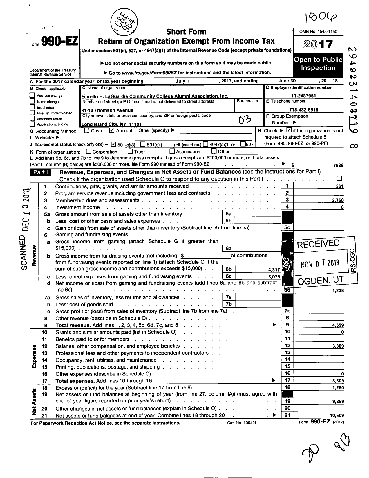 Image of first page of 2017 Form 990EZ for Fiorello H Laguardia Gurdia Community College Alumni Association