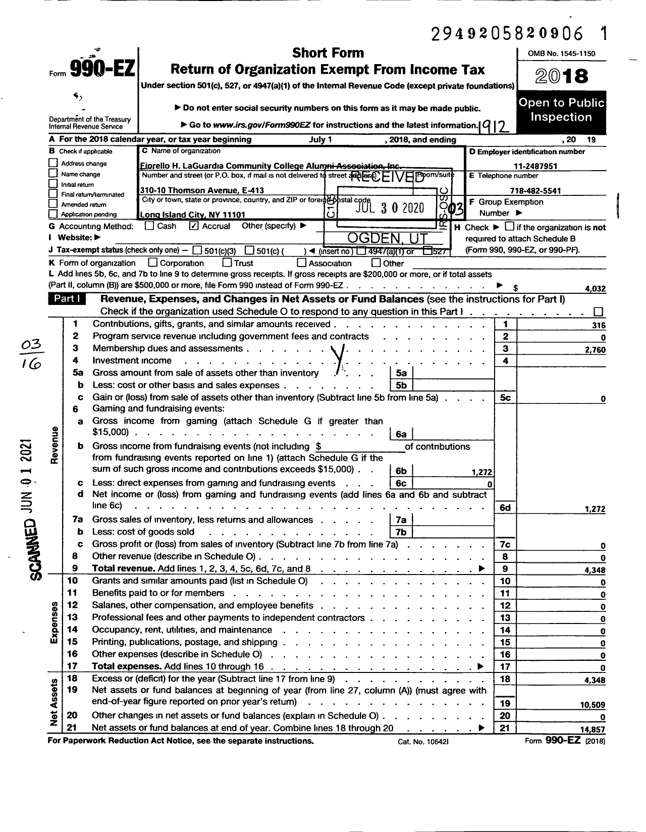 Image of first page of 2019 Form 990EZ for Fiorello H Laguardia Gurdia Community College Alumni Association