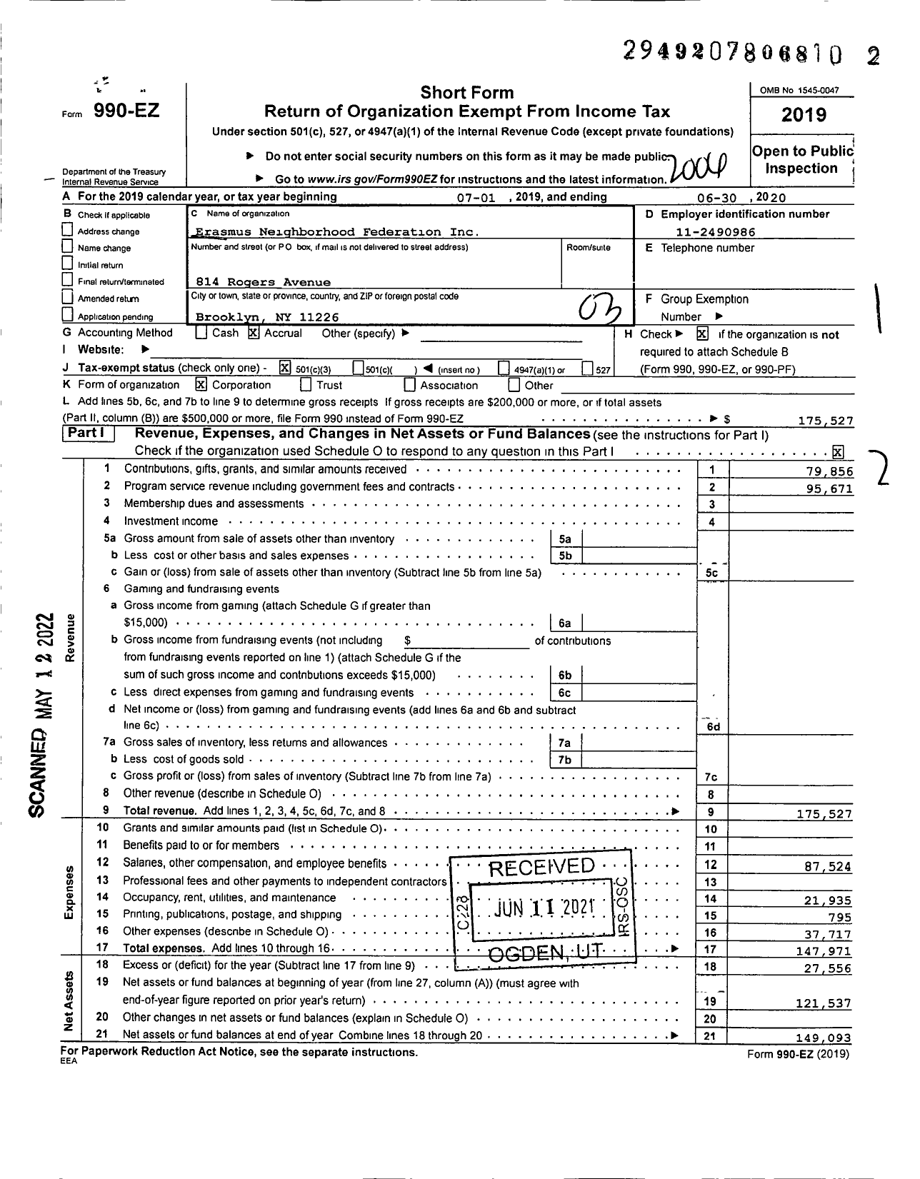 Image of first page of 2019 Form 990EZ for Erasmus Neighborhood Federation