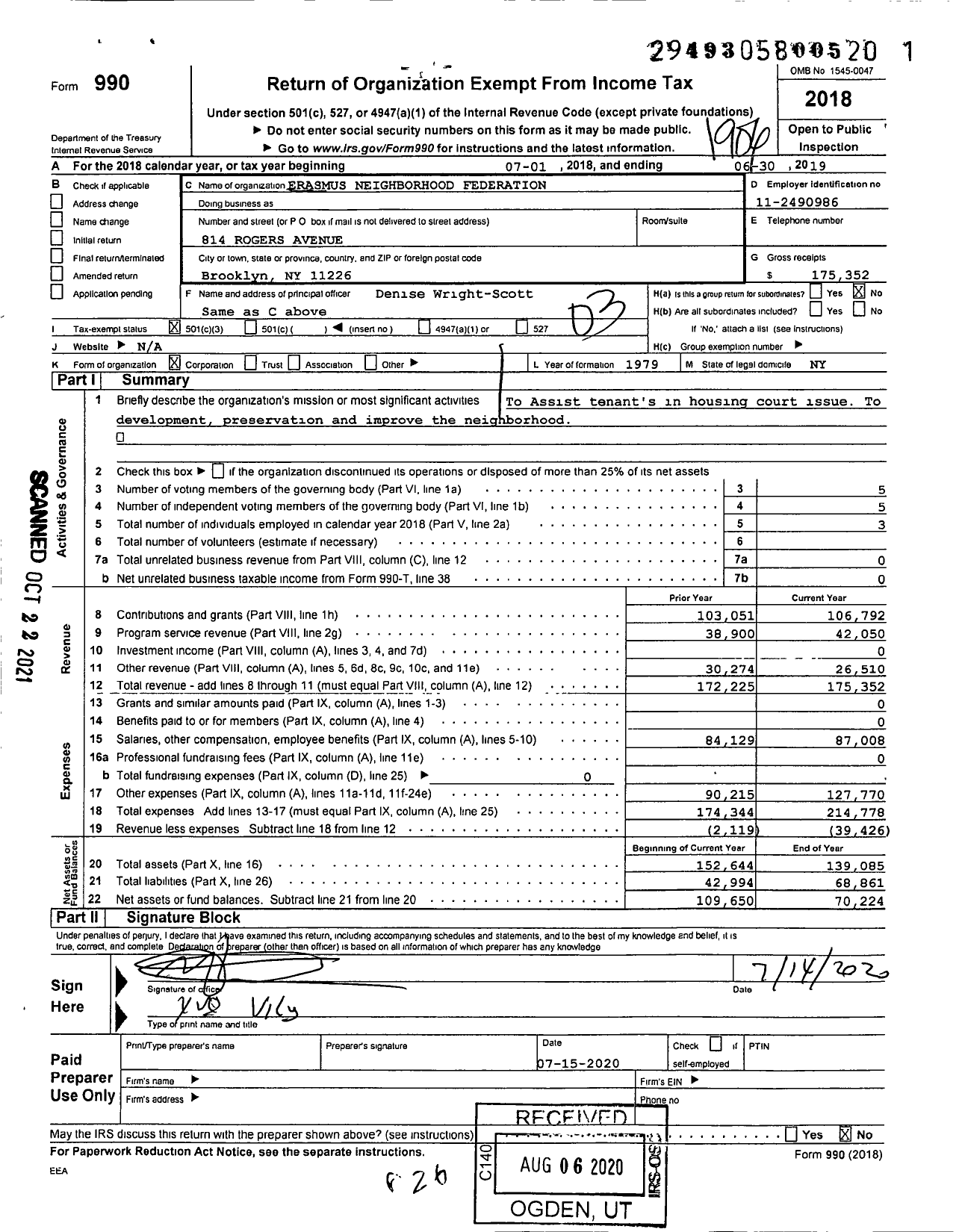 Image of first page of 2018 Form 990 for Erasmus Neighborhood Federation