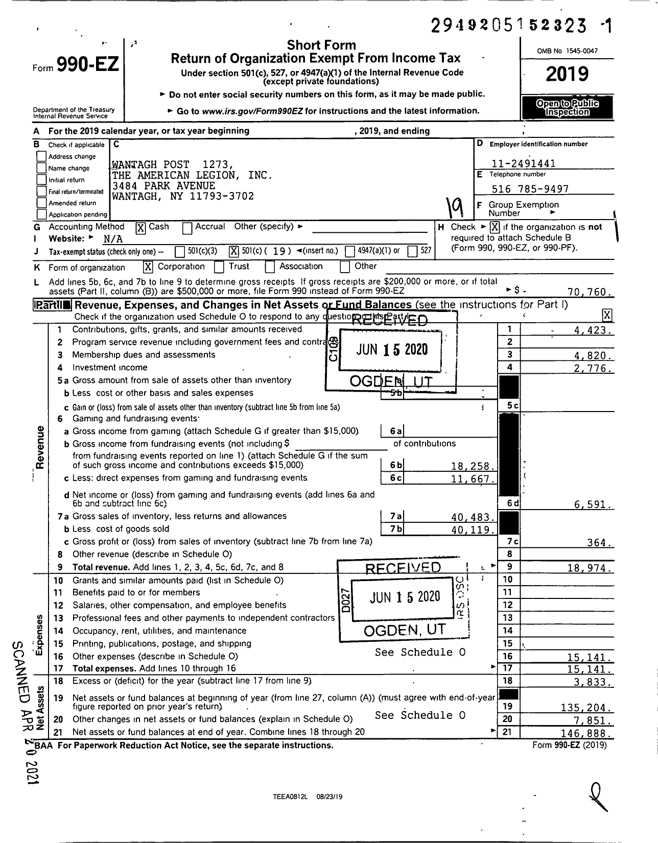 Image of first page of 2019 Form 990EO for American Legion - 1273 Wantagh