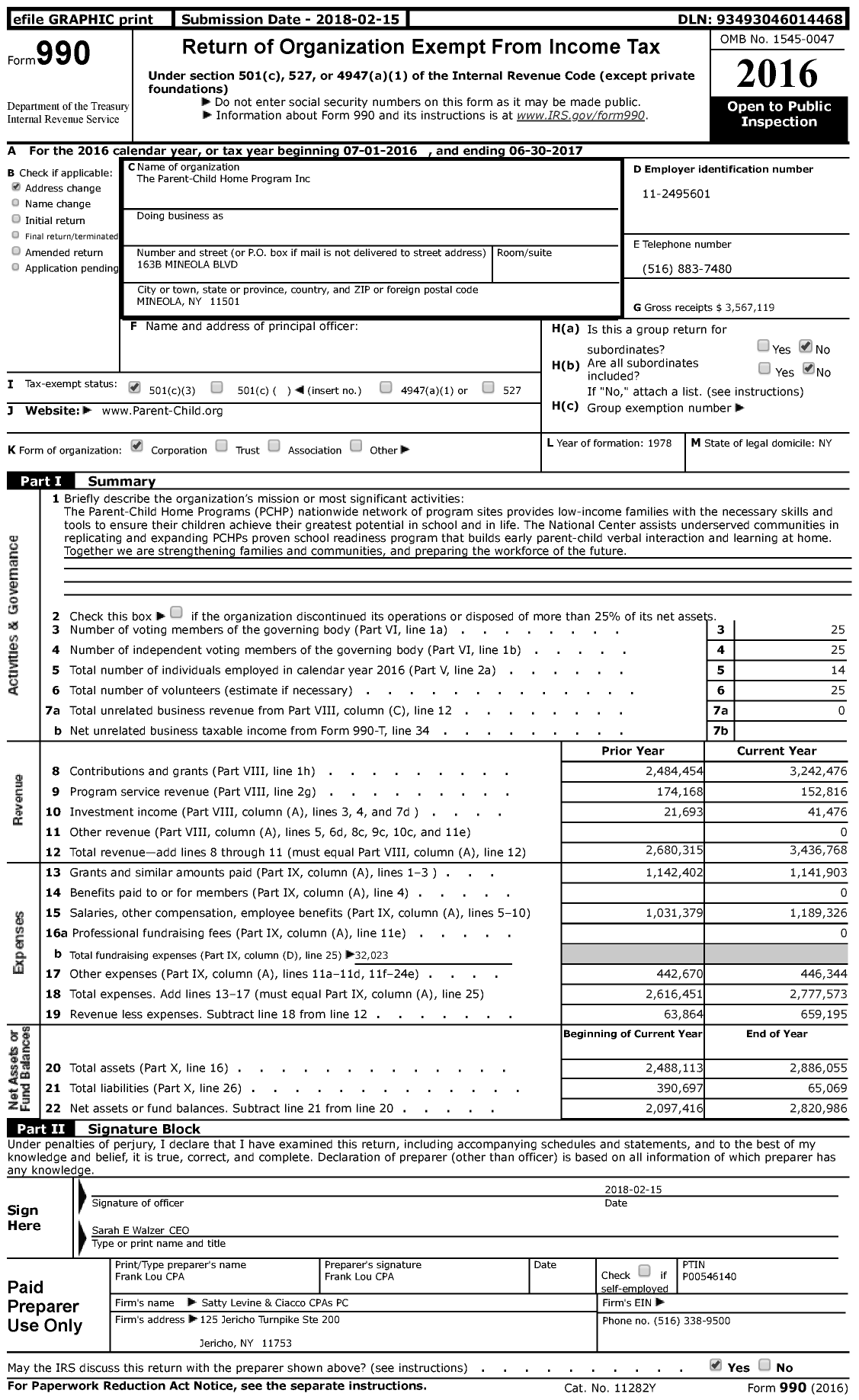 Image of first page of 2016 Form 990 for ParentChild (PCHP)