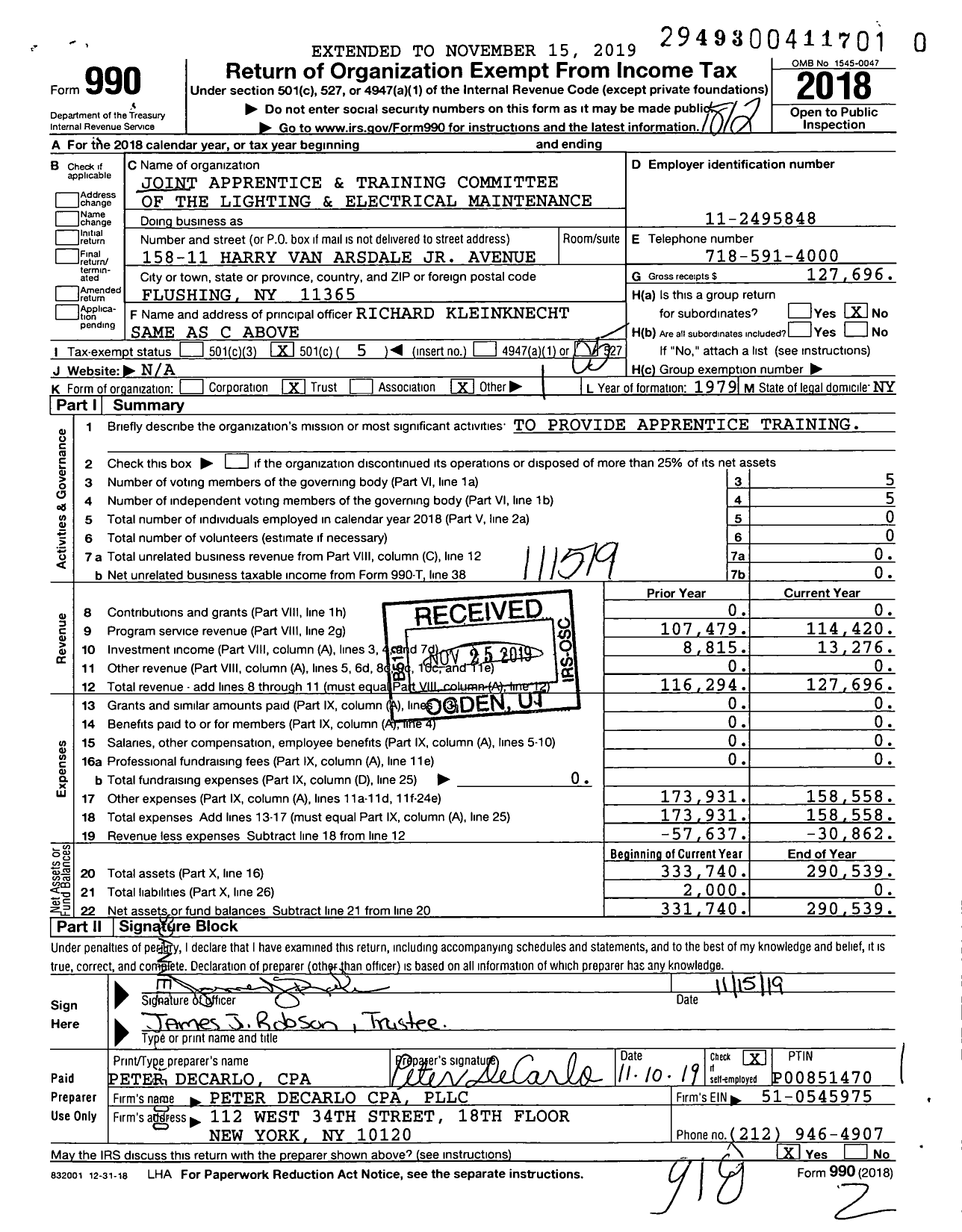 Image of first page of 2018 Form 990O for Joint Apprentice and Training Committee of the Lighting and Electrical Maintenance