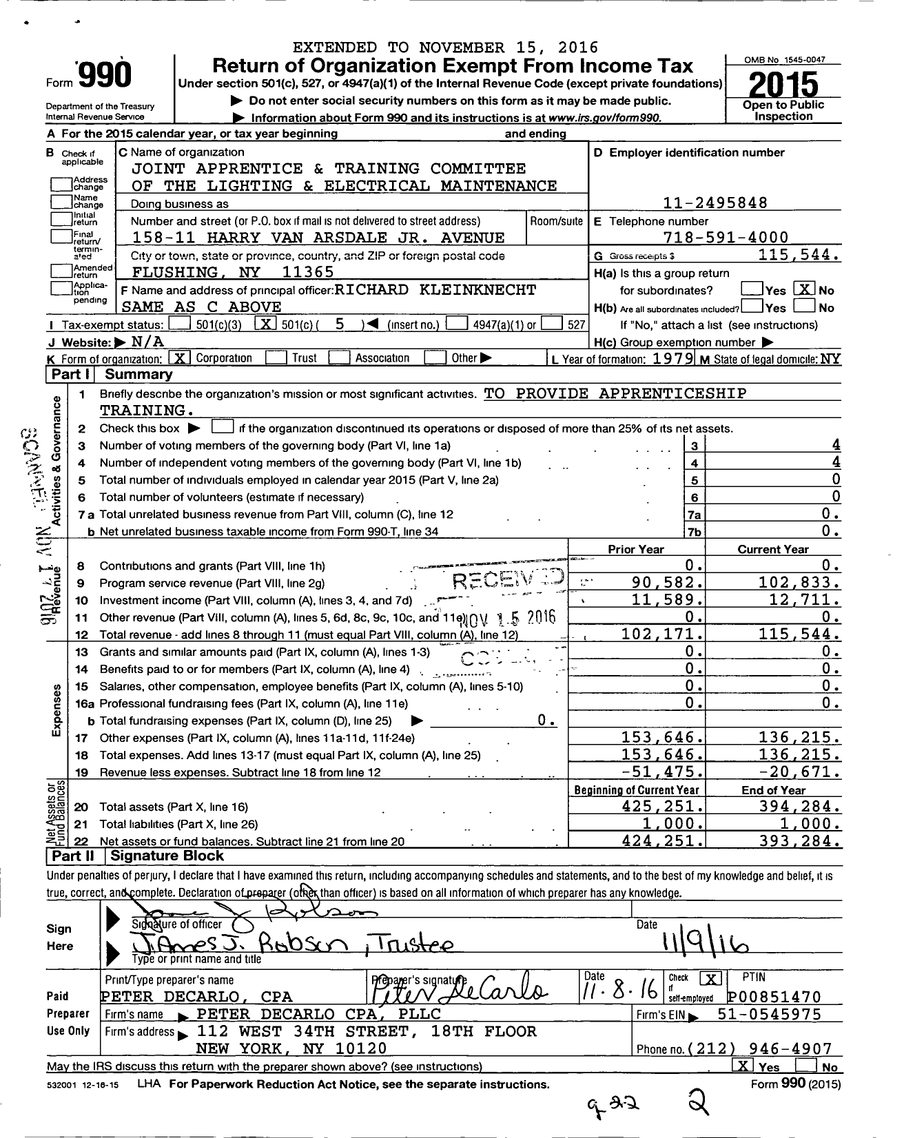 Image of first page of 2015 Form 990O for Joint Apprentice and Training Committee of the Lighting and Electrical Maintenance