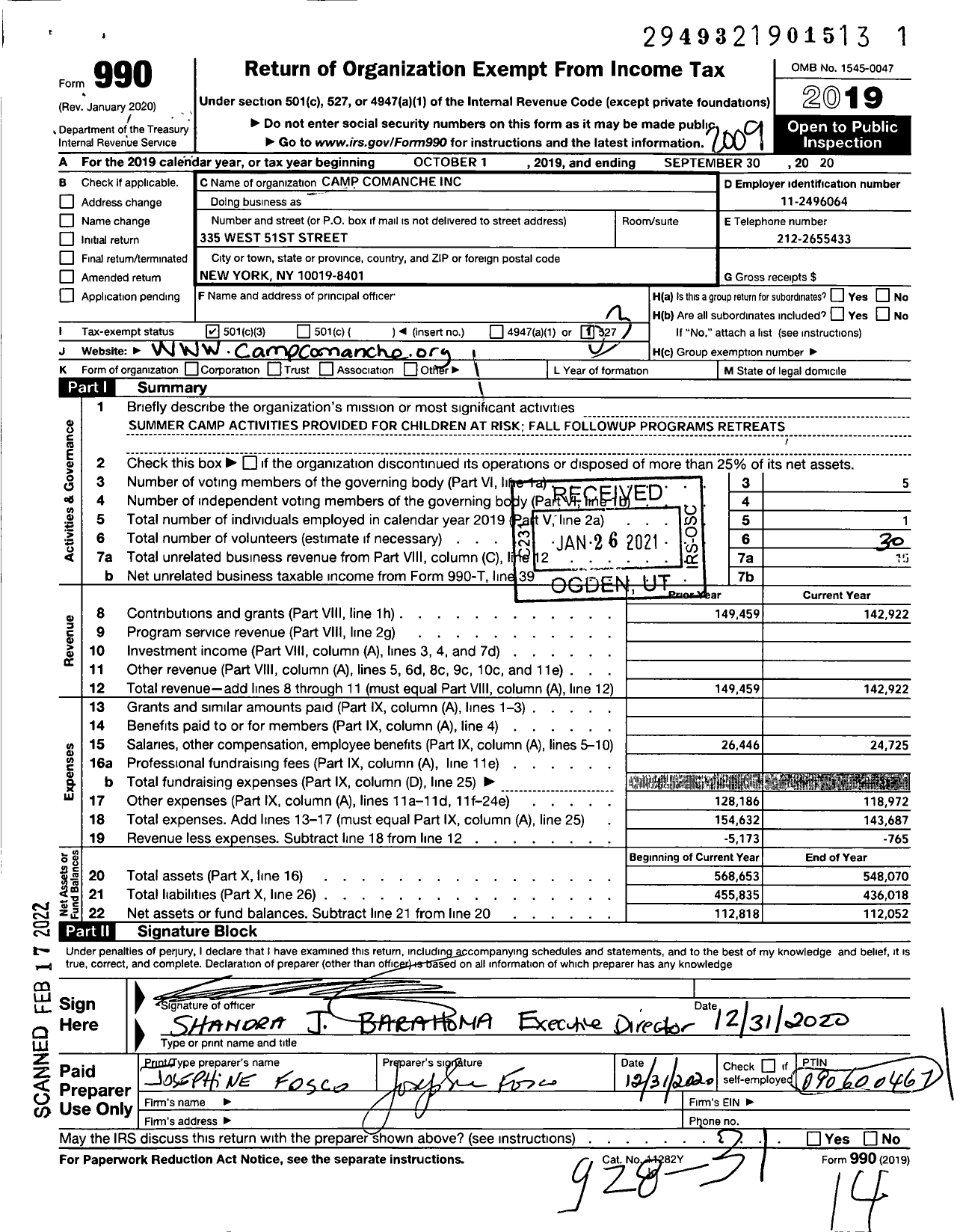 Image of first page of 2019 Form 990 for camp comanche