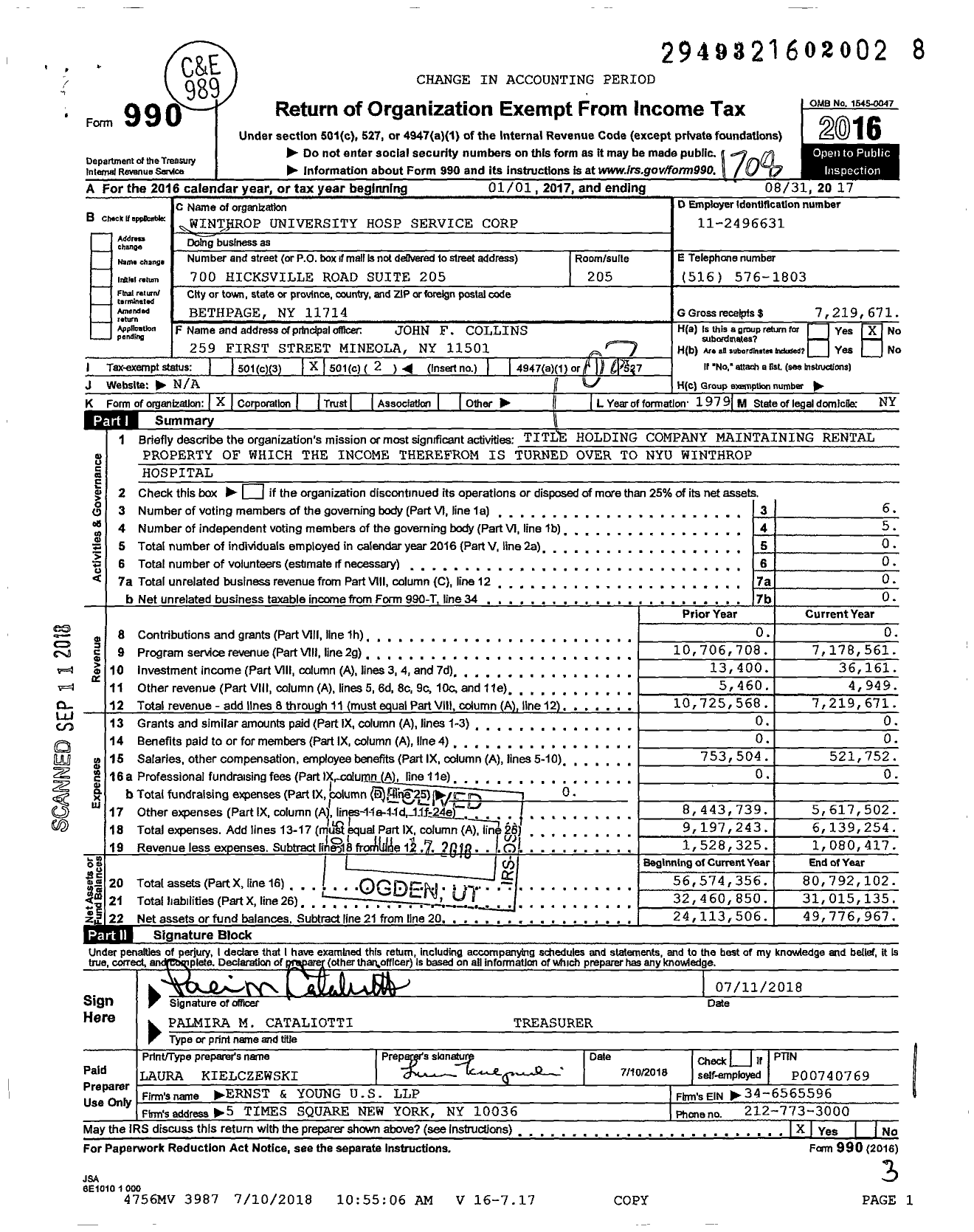 Image of first page of 2016 Form 990O for Winthrop University Hospital Service Corporation