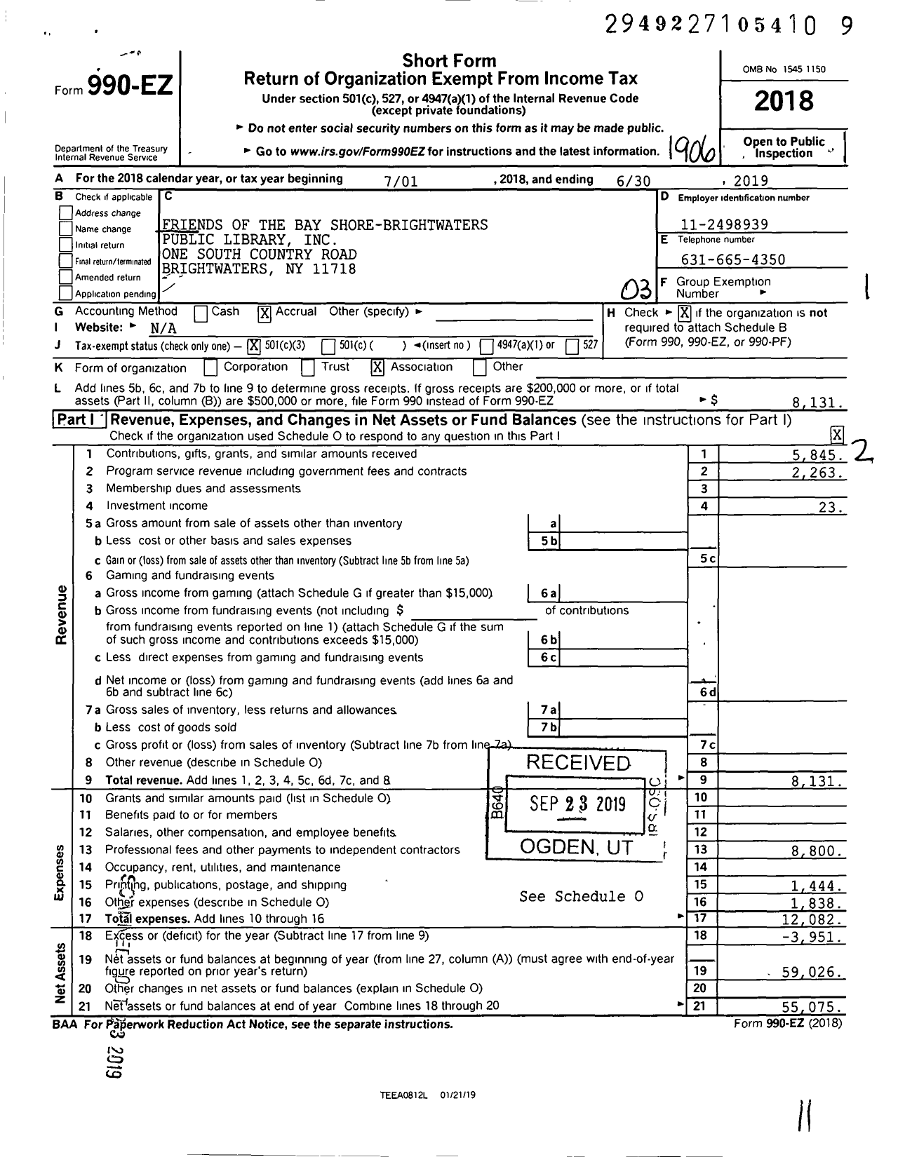 Image of first page of 2018 Form 990EZ for Friends of the Bay Shore-Brightwaters Public Library