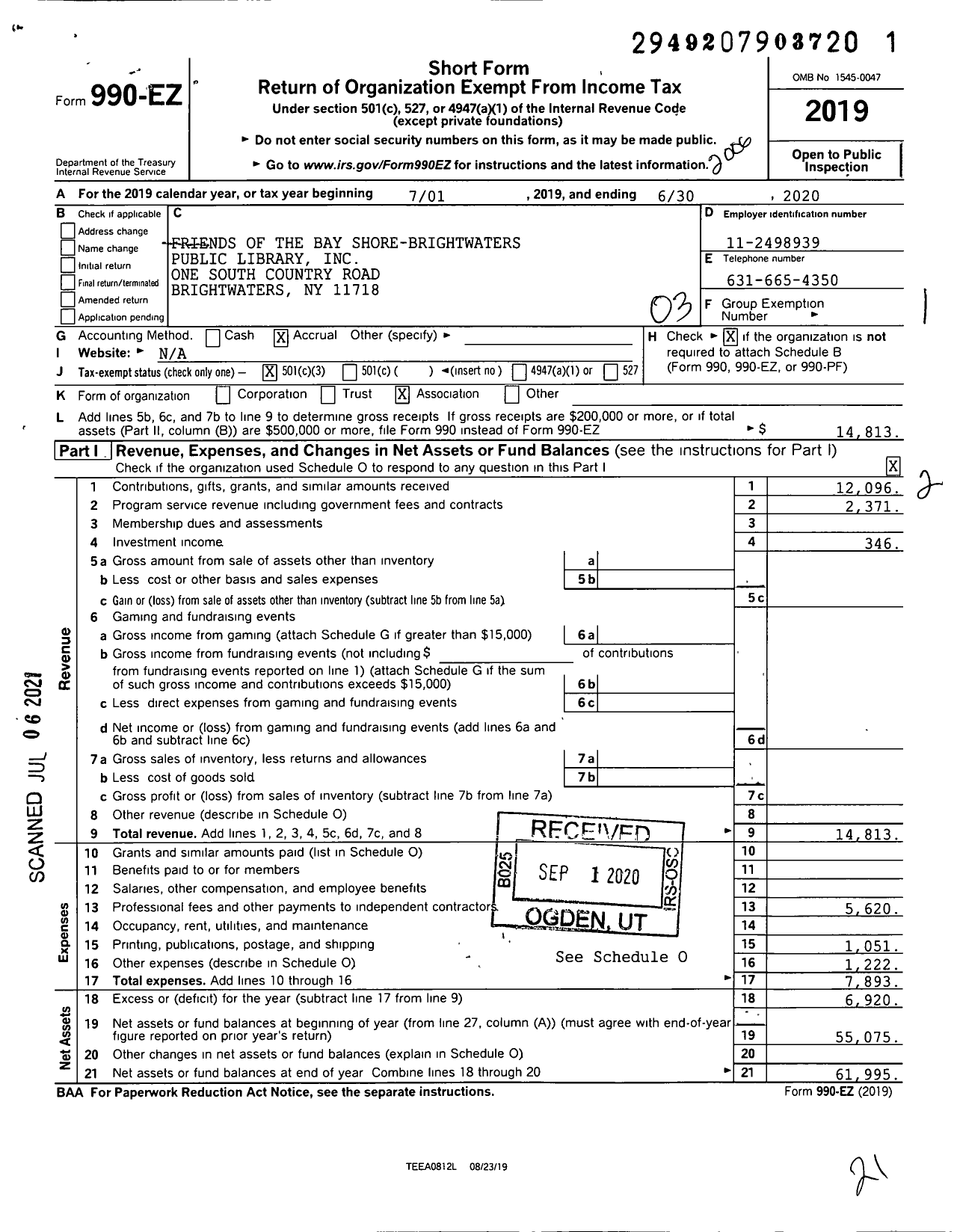 Image of first page of 2019 Form 990EZ for Friends of the Bay Shore-Brightwaters Public Library