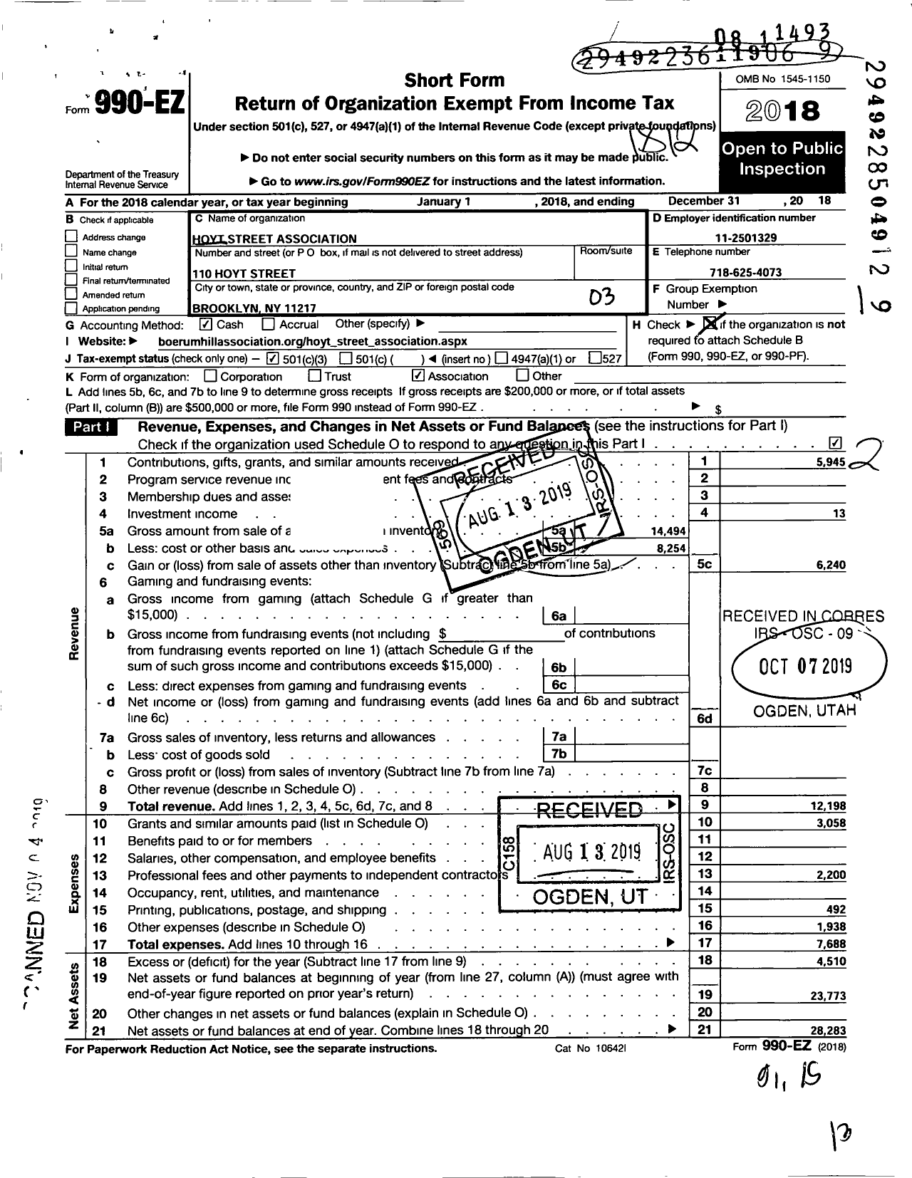 Image of first page of 2018 Form 990EZ for Hoyt Street Association