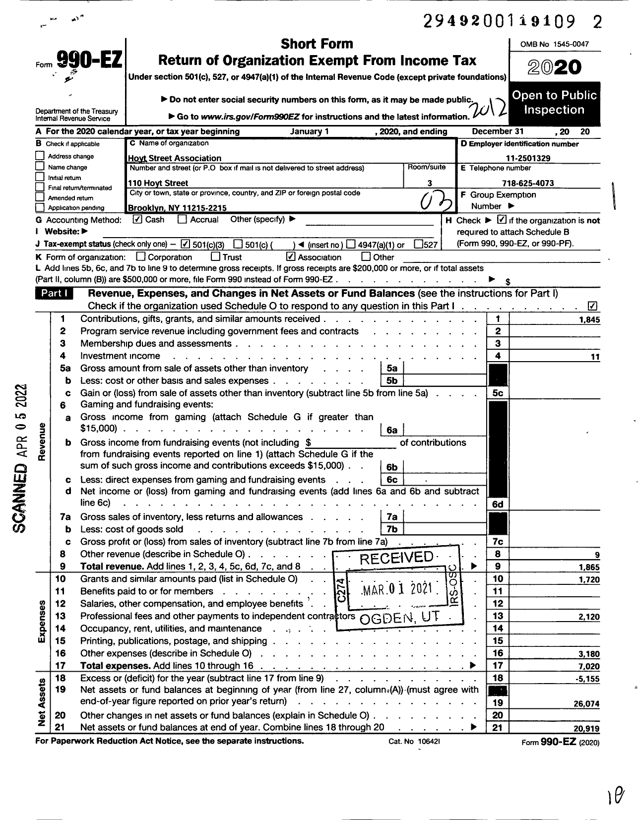 Image of first page of 2020 Form 990EZ for Hoyt Street Association