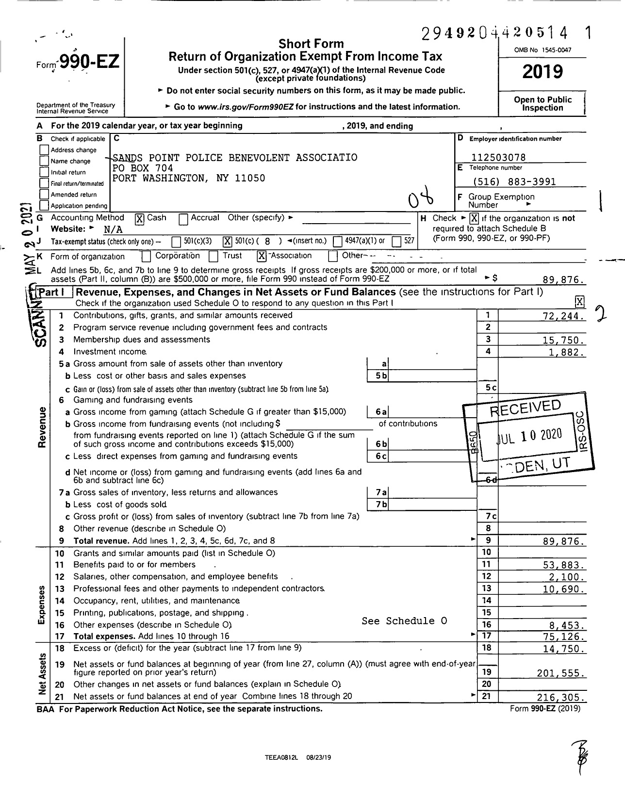 Image of first page of 2019 Form 990EO for Sands Point Police Benevolent Association