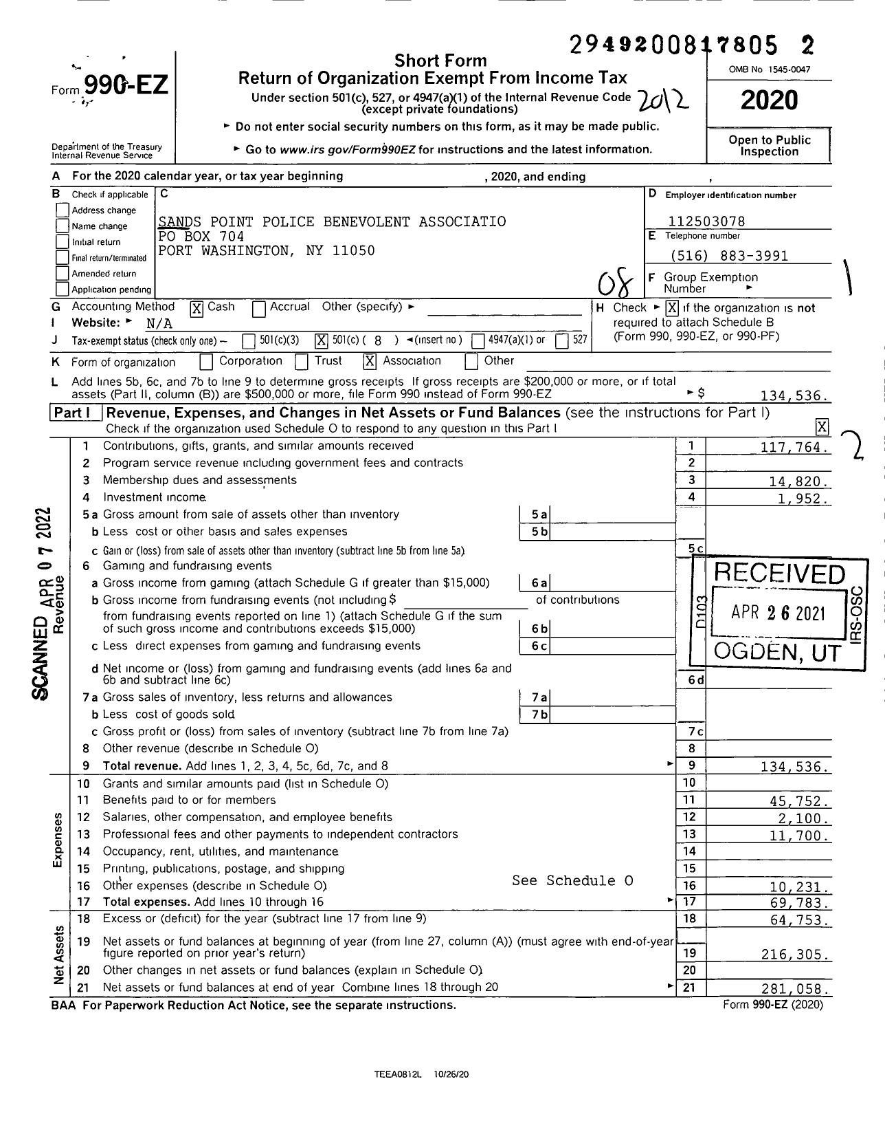 Image of first page of 2020 Form 990EO for Sands Point Police Benevolent Association