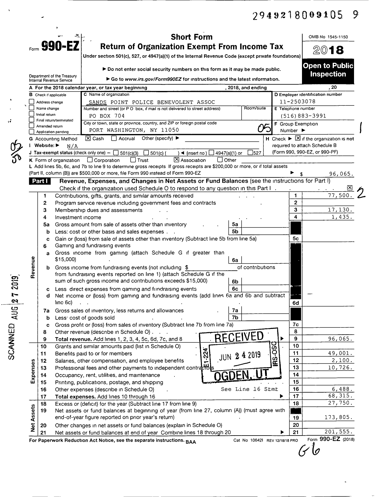 Image of first page of 2018 Form 990EO for Sands Point Police Benevolent Association