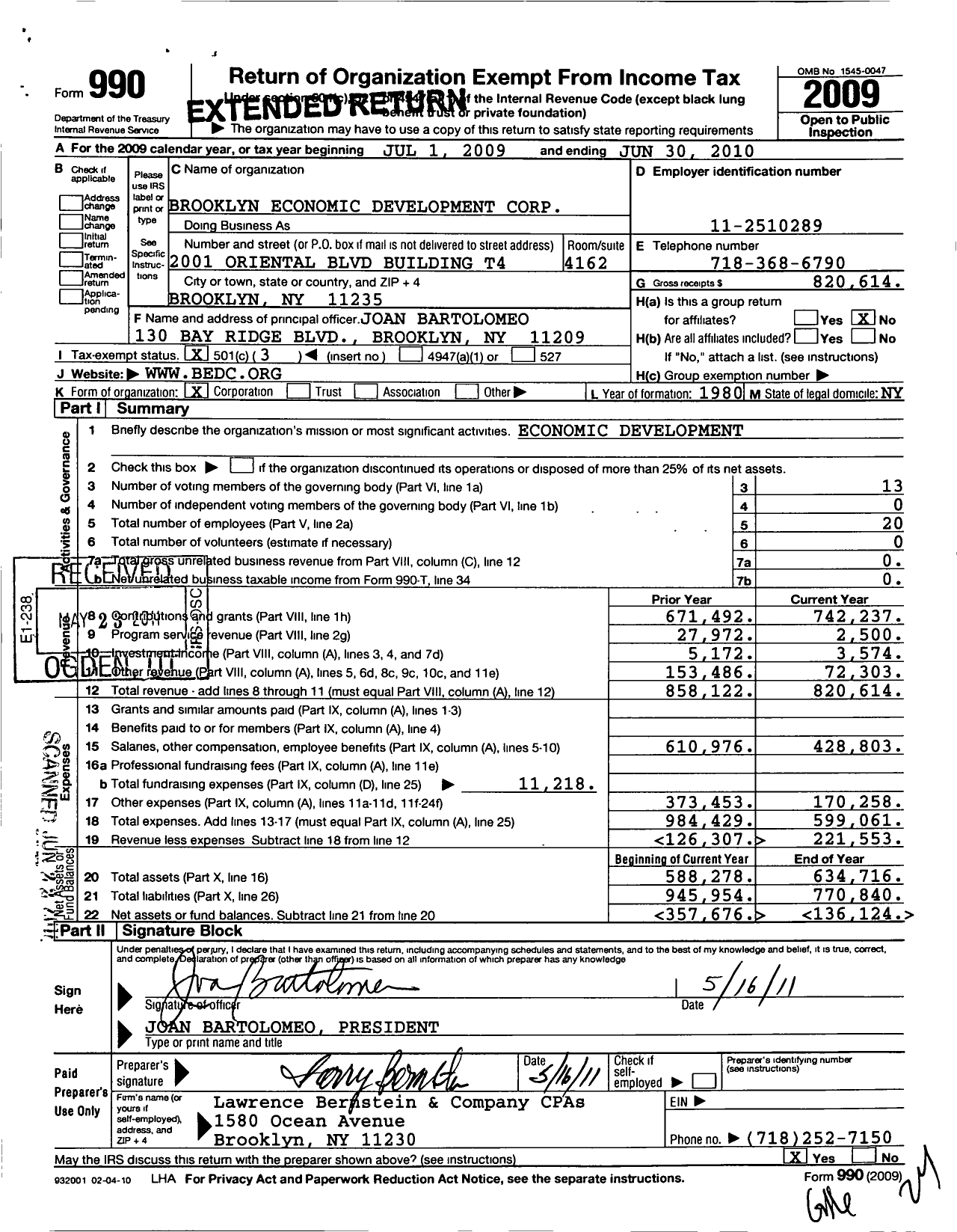 Image of first page of 2009 Form 990 for Brooklyn Economic Development Corporation
