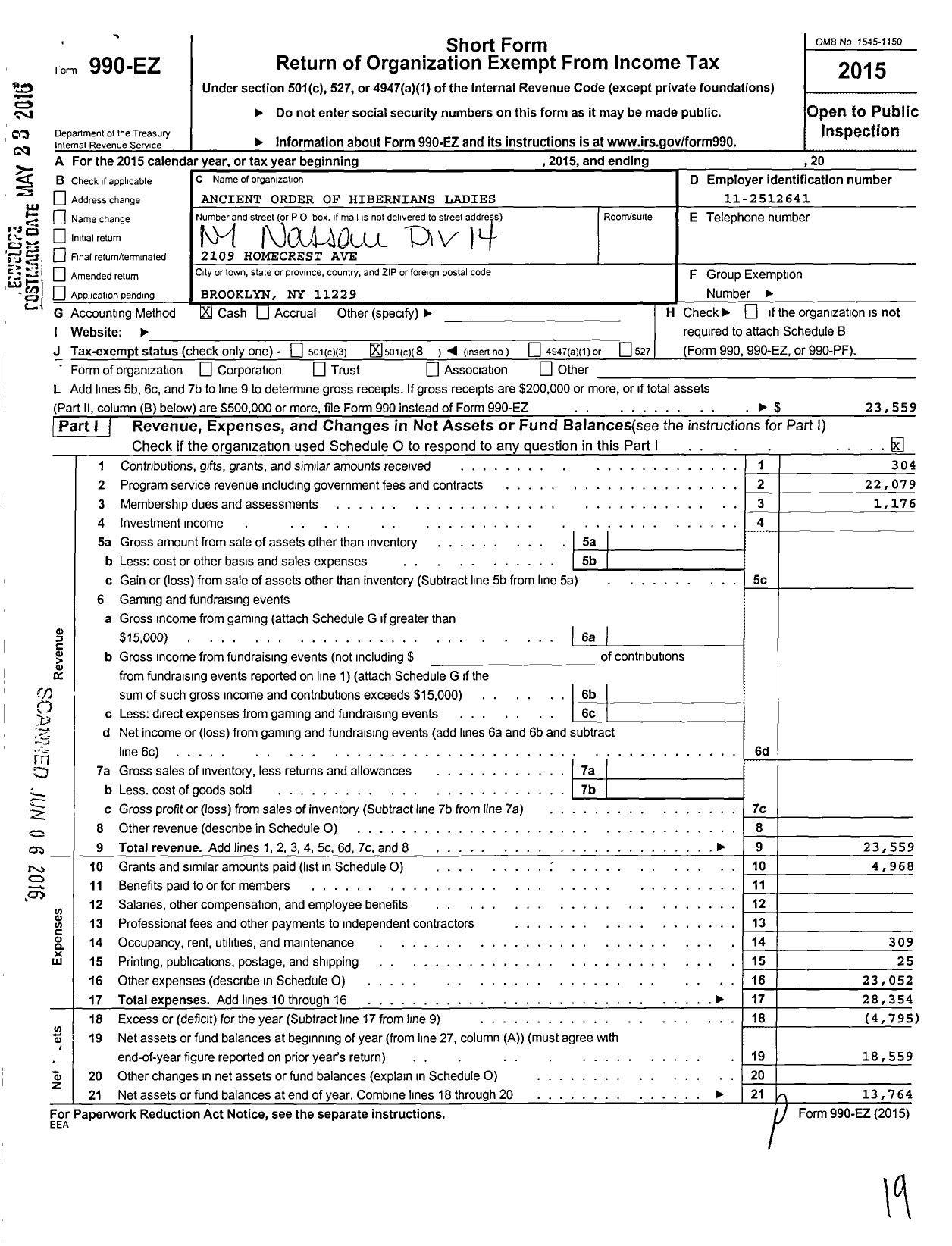 Image of first page of 2015 Form 990EO for Ancient Order of Hibernians Ladies / 14 Rockville Centre Nassau Cnty Div